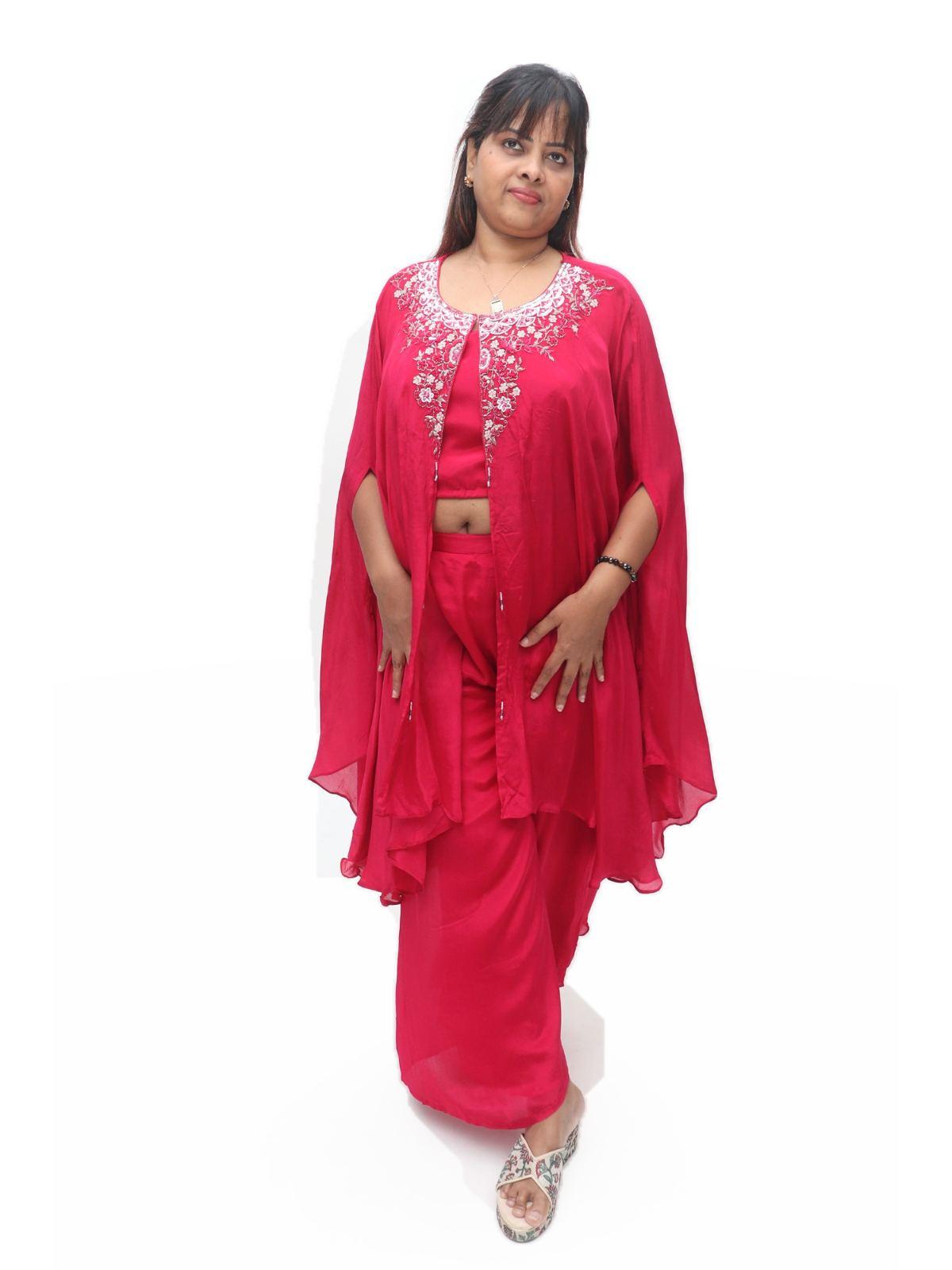 Magenta Embroidered Cape 3 Piece Suit Set