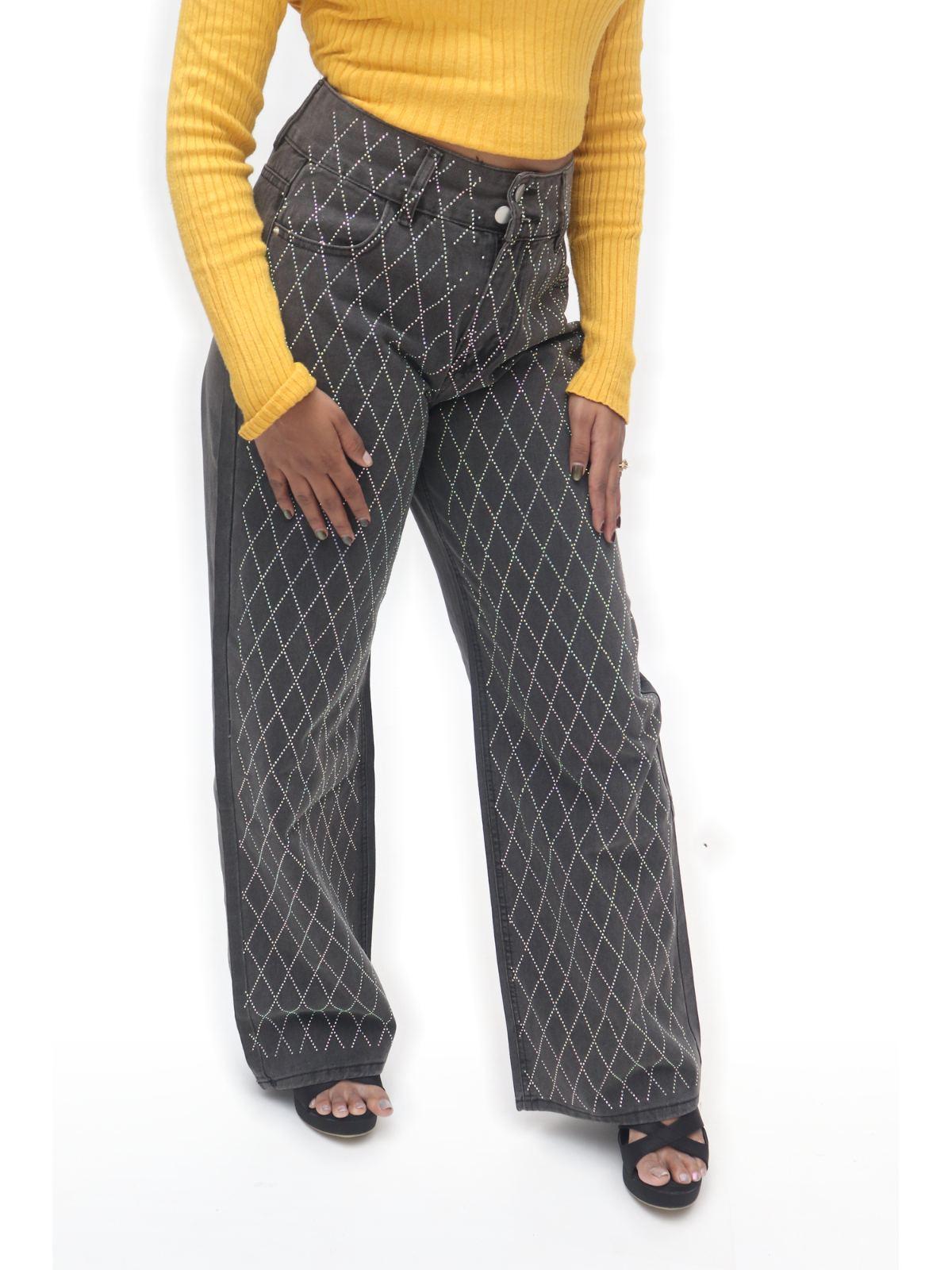 Charcoal Diamond-Print Wide-Leg Trousers