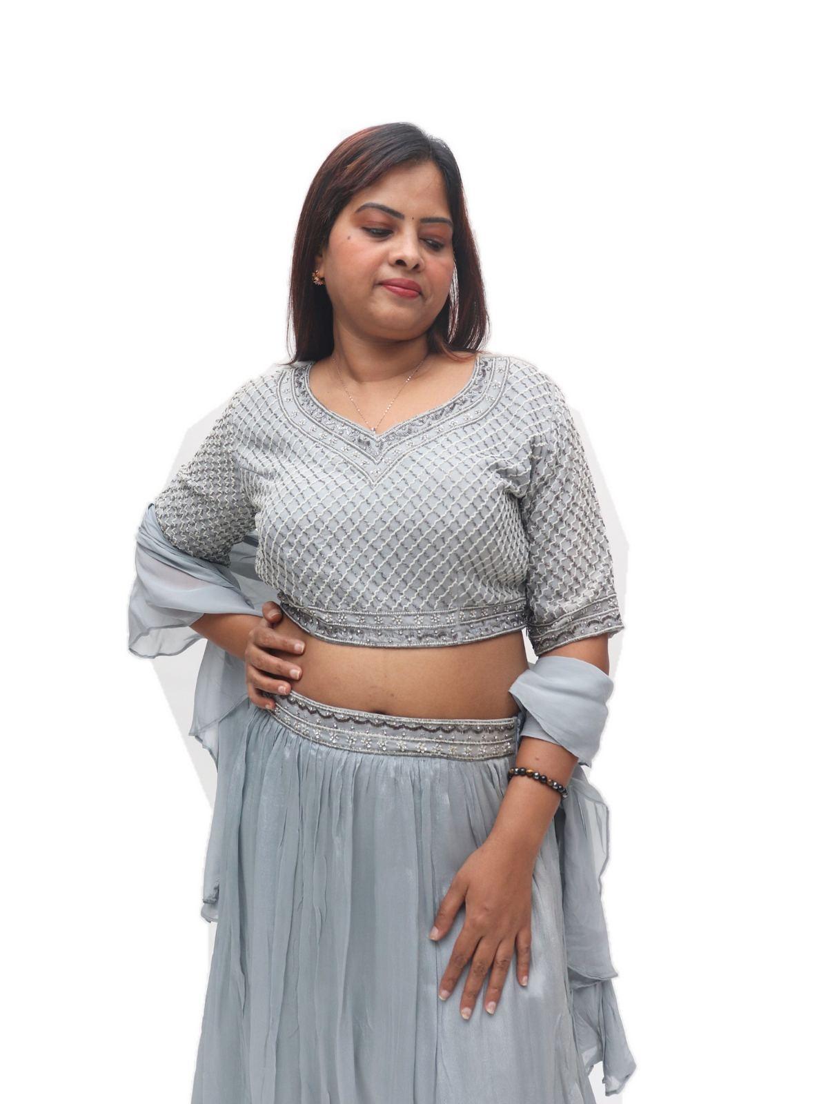 Dove Grey Sequinned Lehenga Set with Ruffled Dupatta