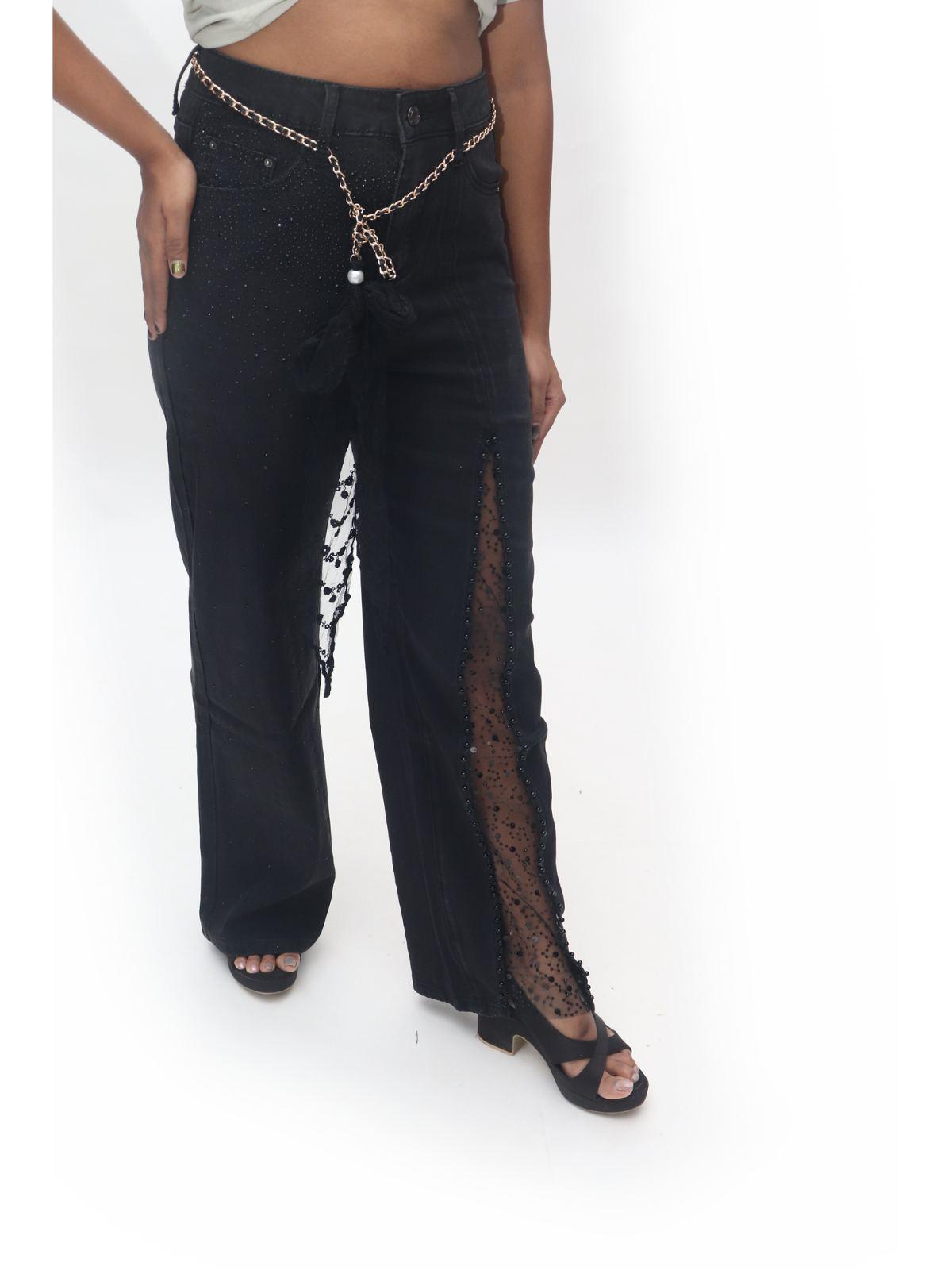 Black Shimmer Wide-Leg Trousers with Side Lace