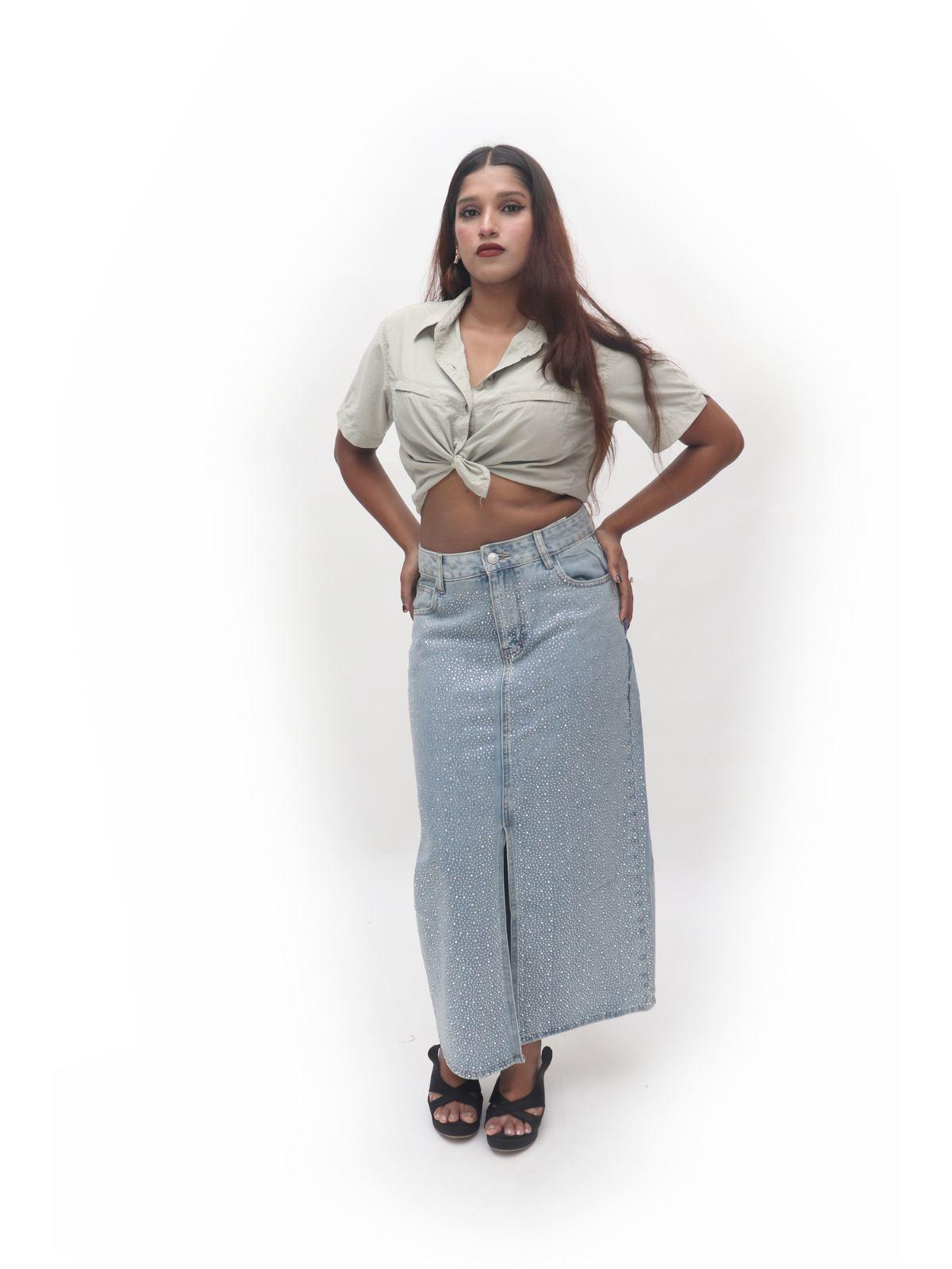 Light Blue Denim Pencil Midi Skirt