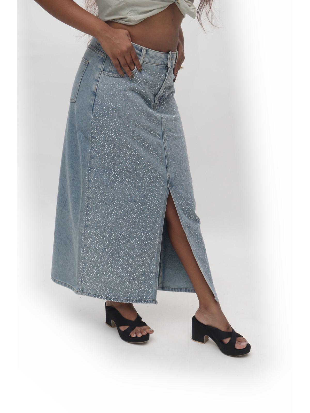 Light Blue Denim Pencil Midi Skirt