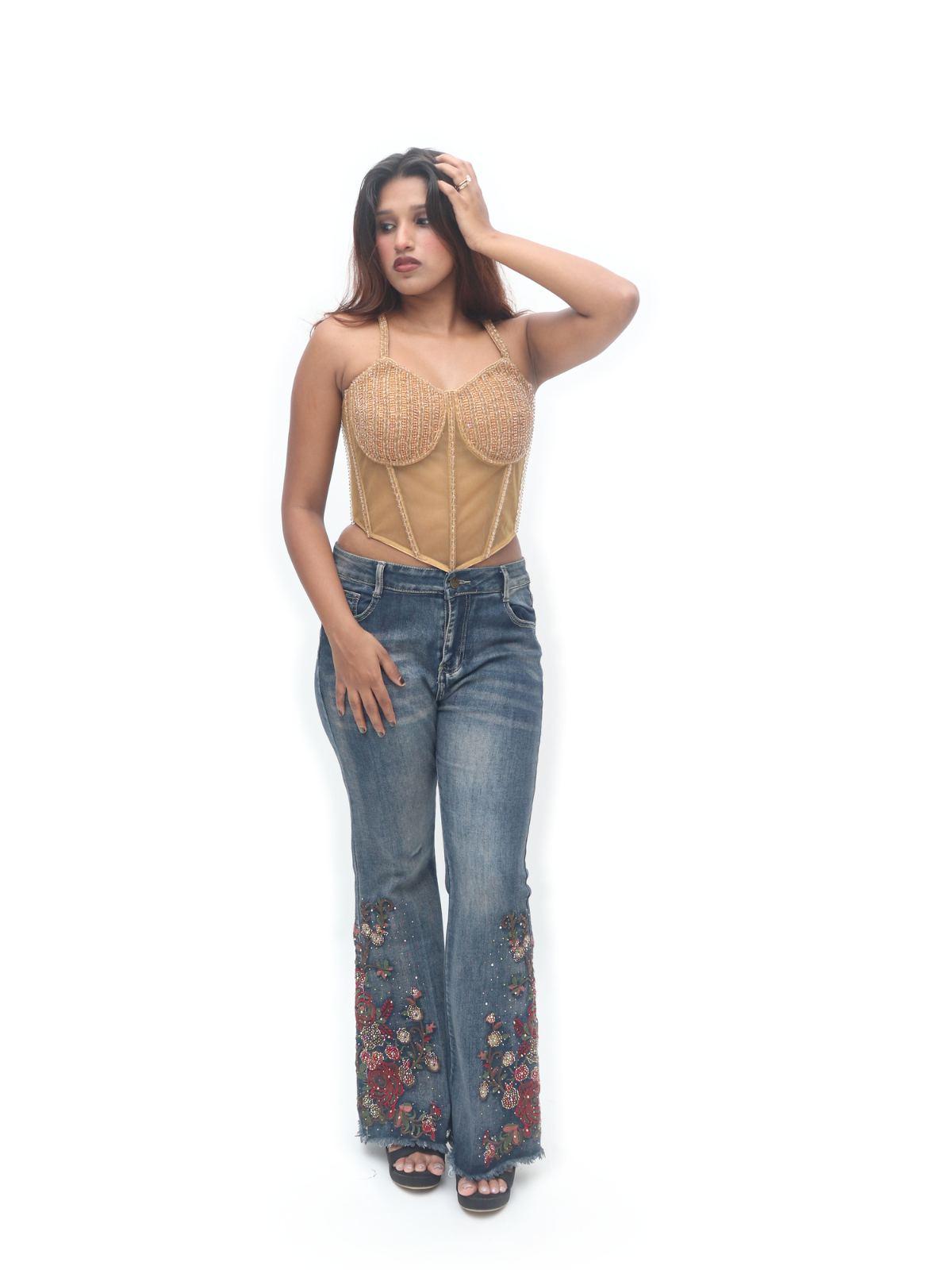 Gold Corset Pearl Strappy Designer Blouse