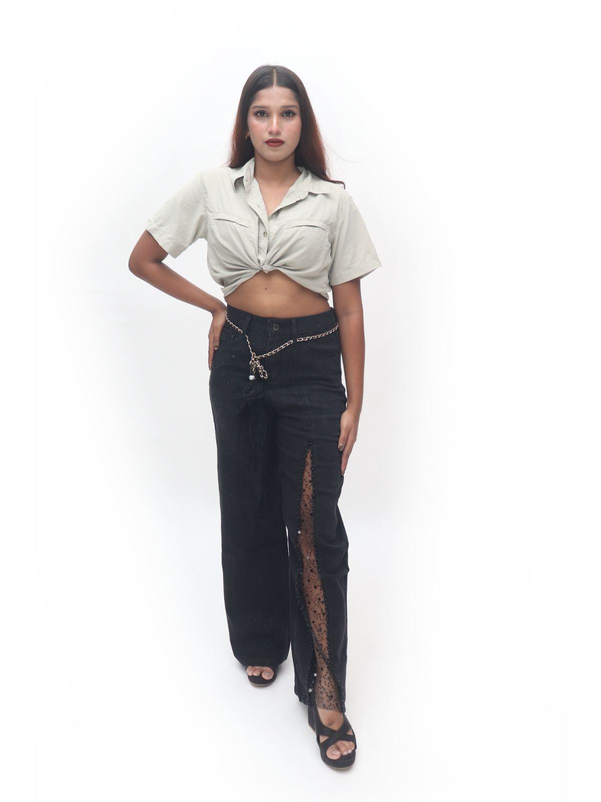 Black Shimmer Wide-Leg Trousers with Side Lace