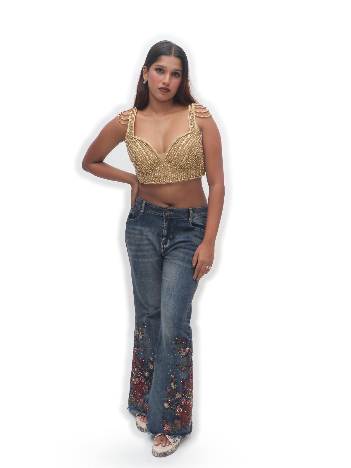 Gold Pearl Studded Strappy Designer Blouse
