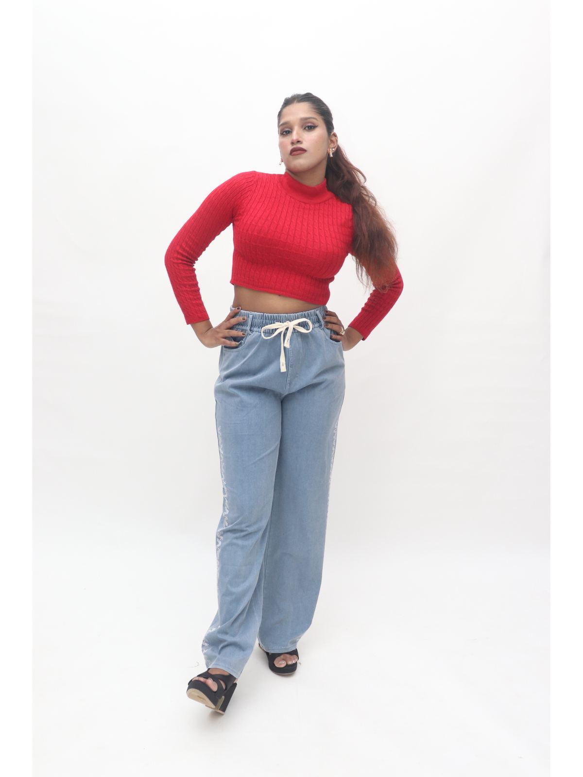 Light Blue Drawstring Wide-Leg Denim Pants