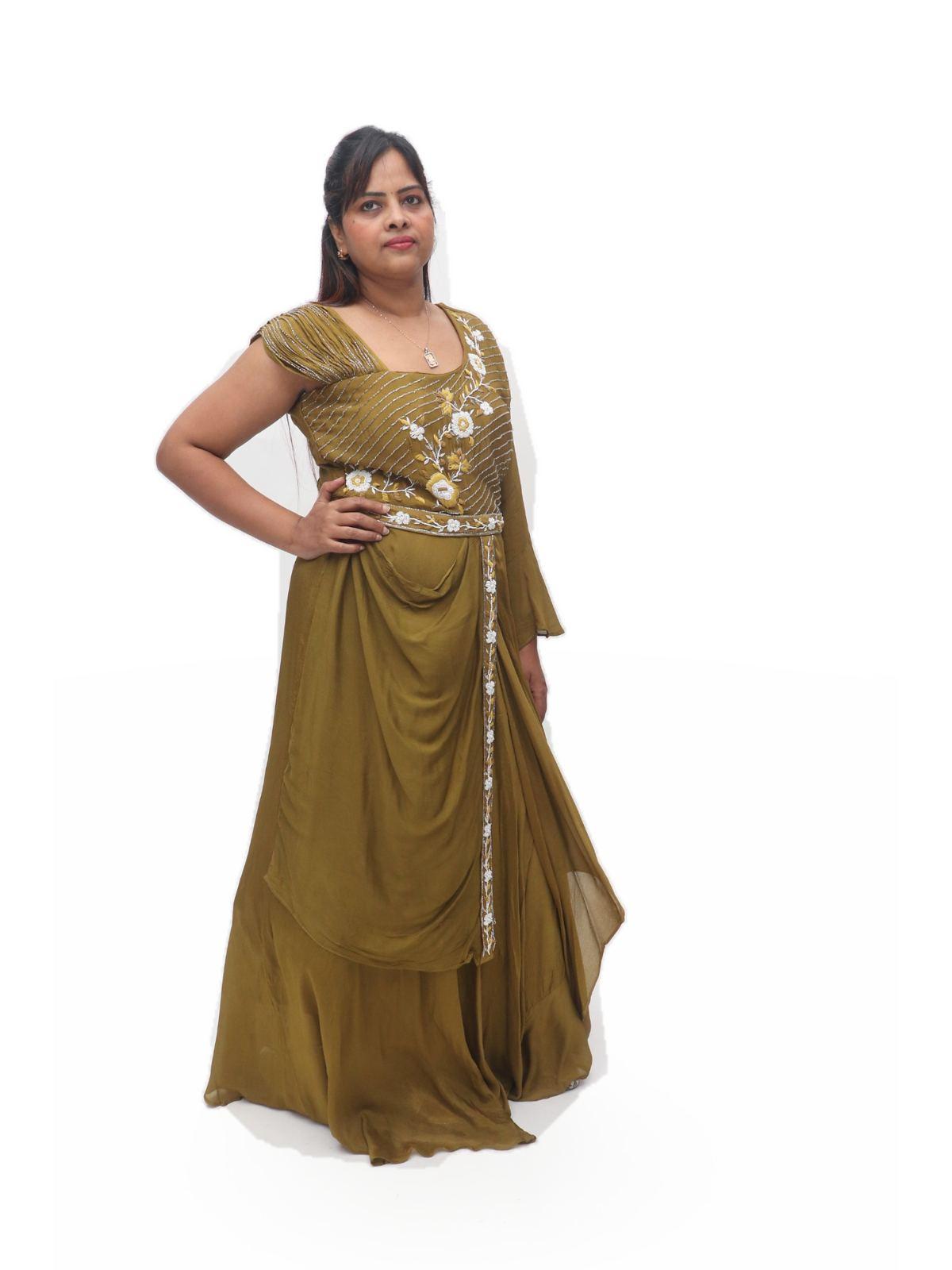 Olive Green Floral Embroidered Asymmetric Drape Gown