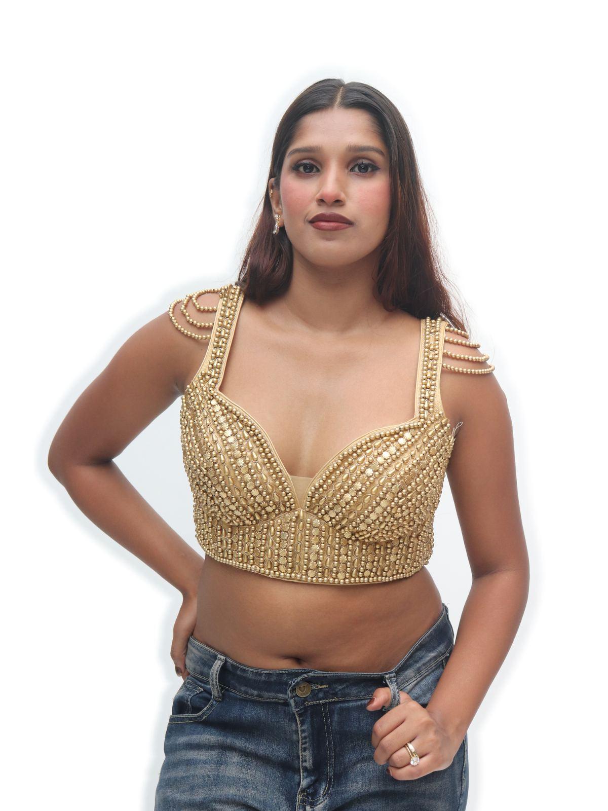Gold Pearl Studded Strappy Designer Blouse