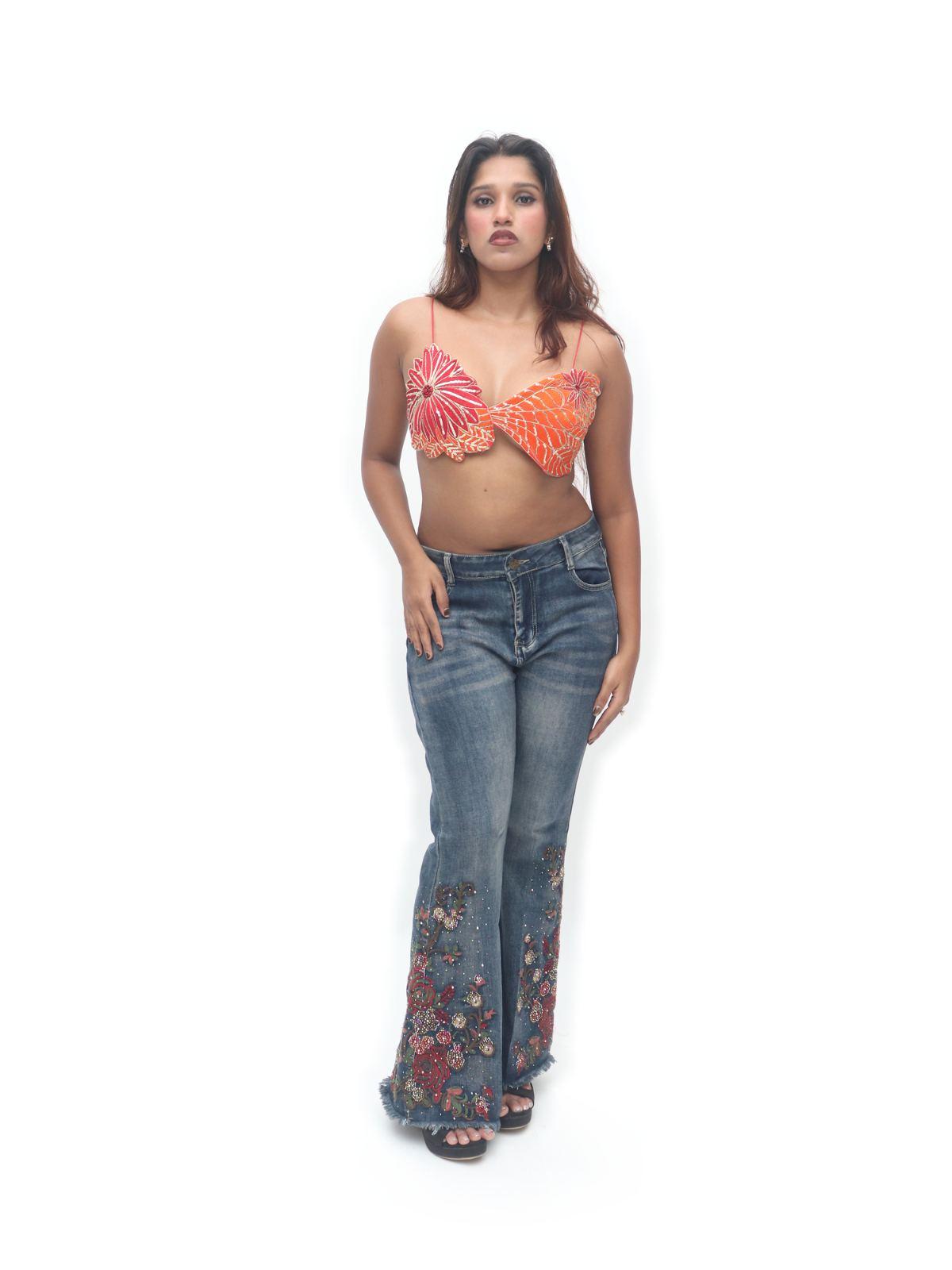 Orange Floral Applique Strappy Designer Blouse
