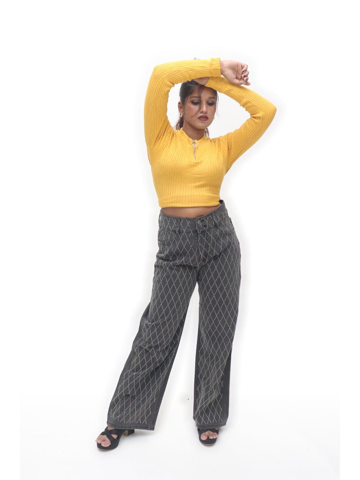 Charcoal Diamond-Print Wide-Leg Trousers