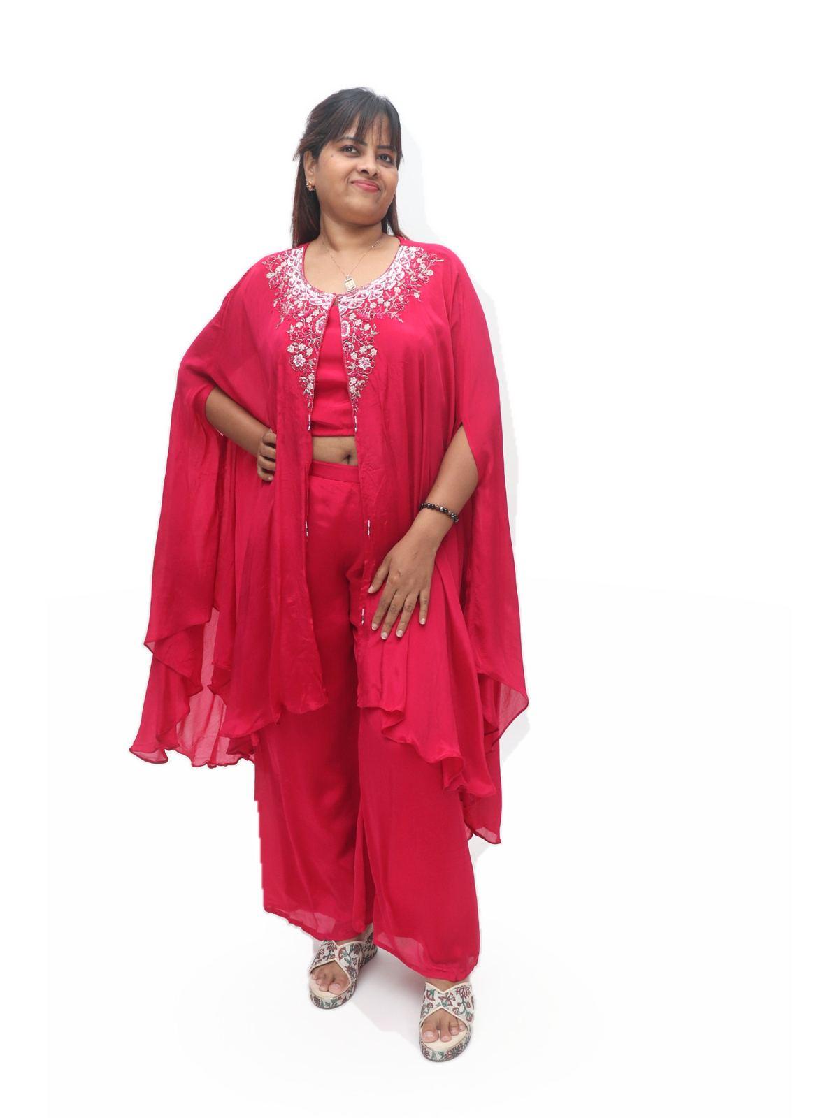 Magenta Embroidered Cape 3 Piece Suit Set