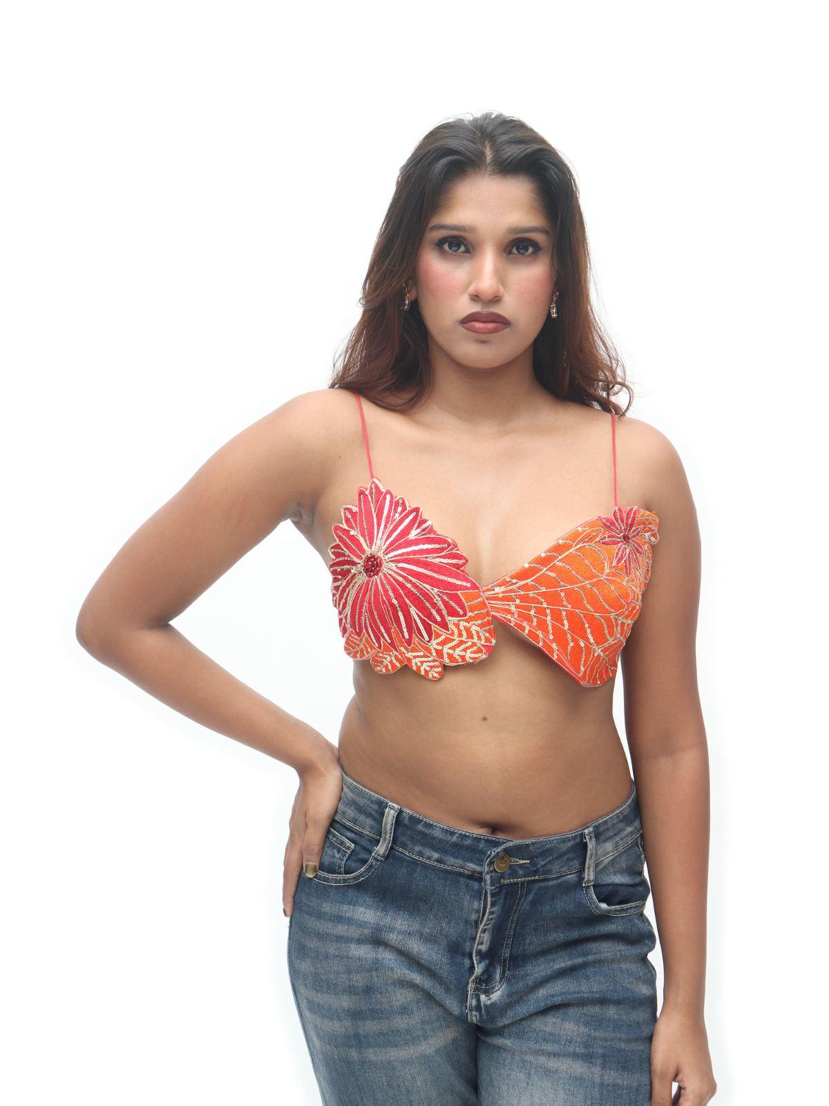 Orange Floral Applique Strappy Designer Blouse