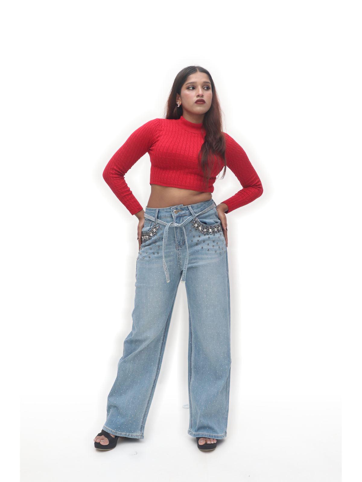 Light Blue Rhinestone-Pocket Wide-Leg Jeans