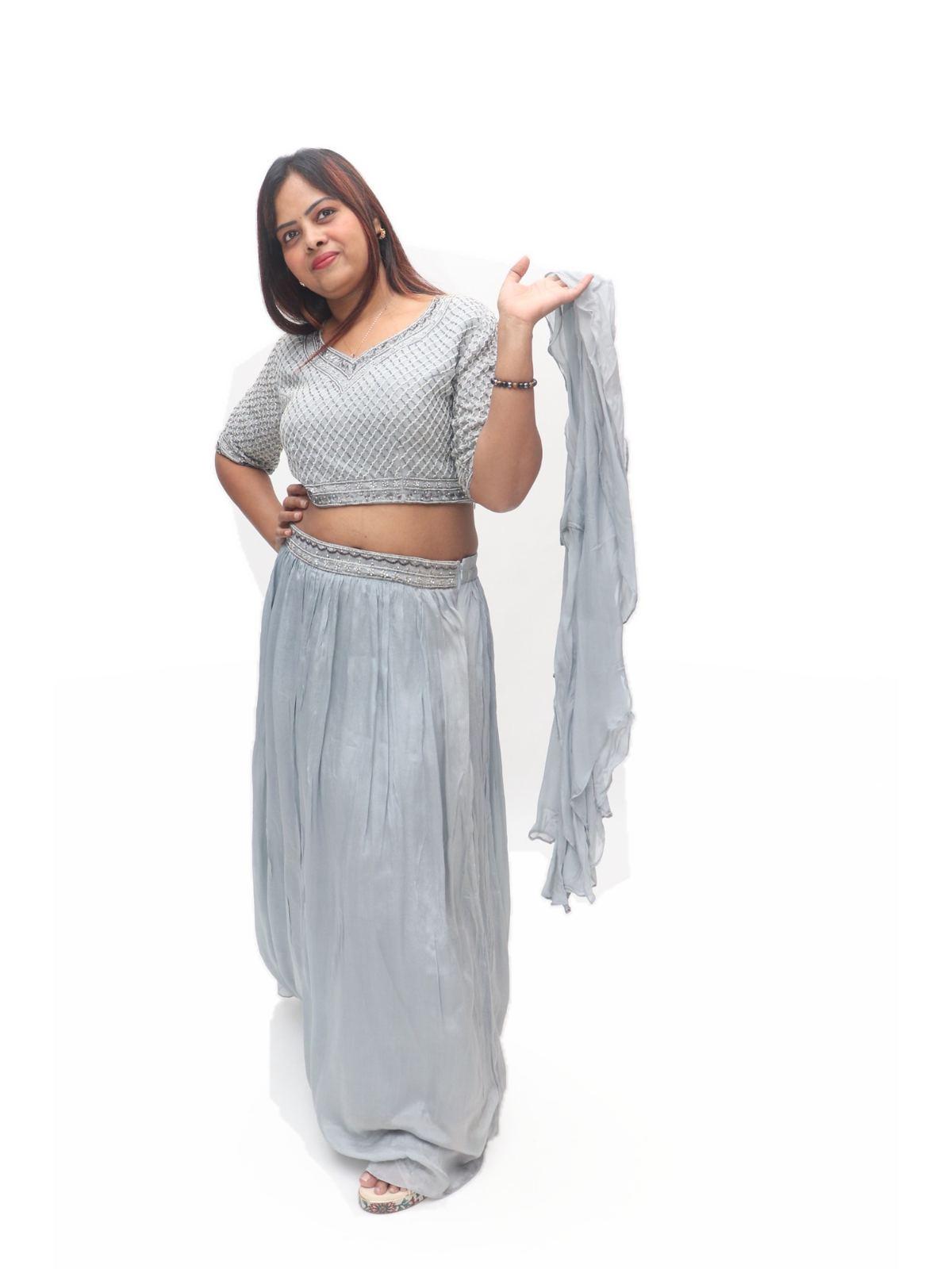 Dove Grey Sequinned Lehenga Set with Ruffled Dupatta