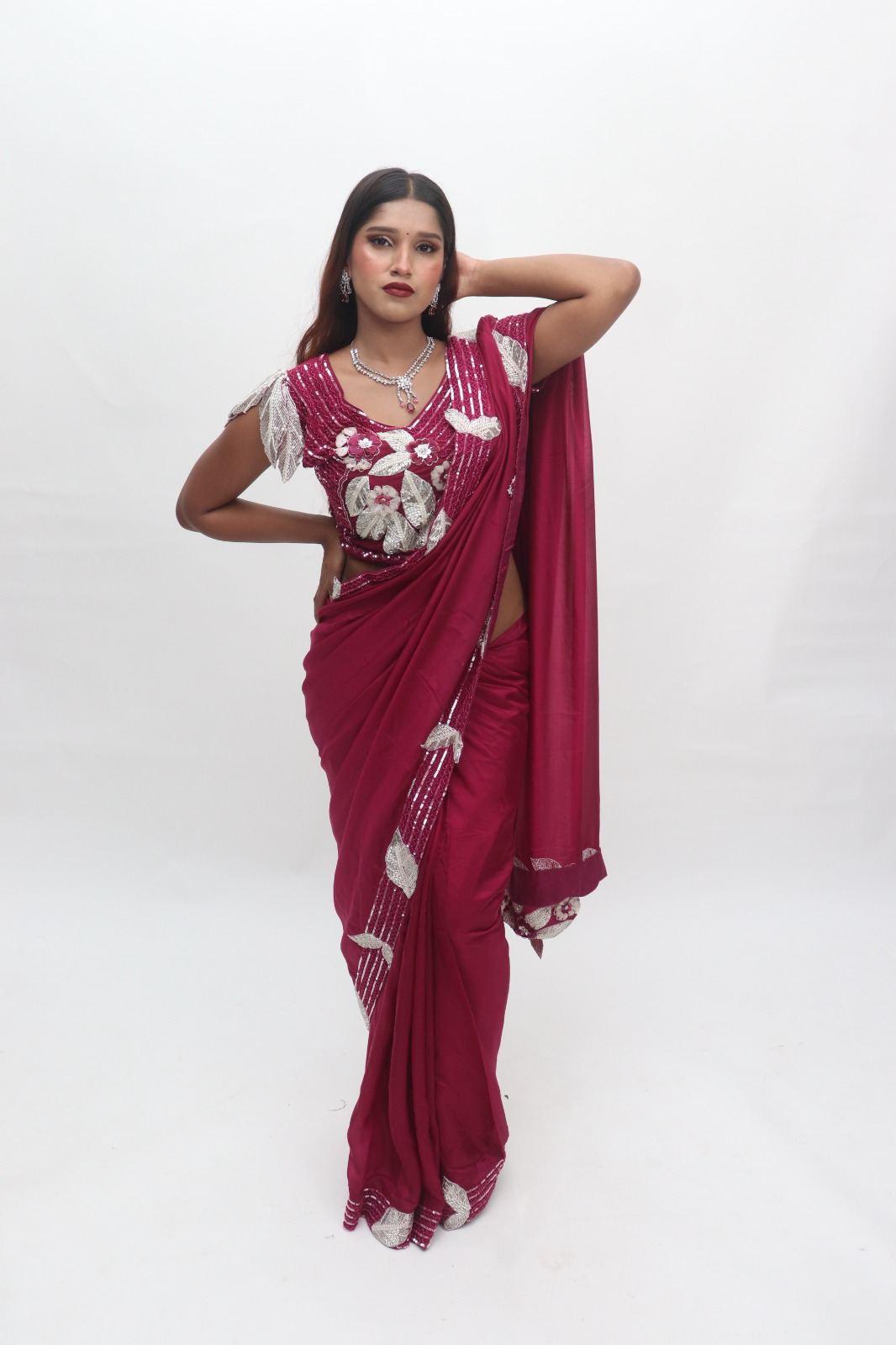Wine Magenta Floral Applique Designer Saree with Blouse