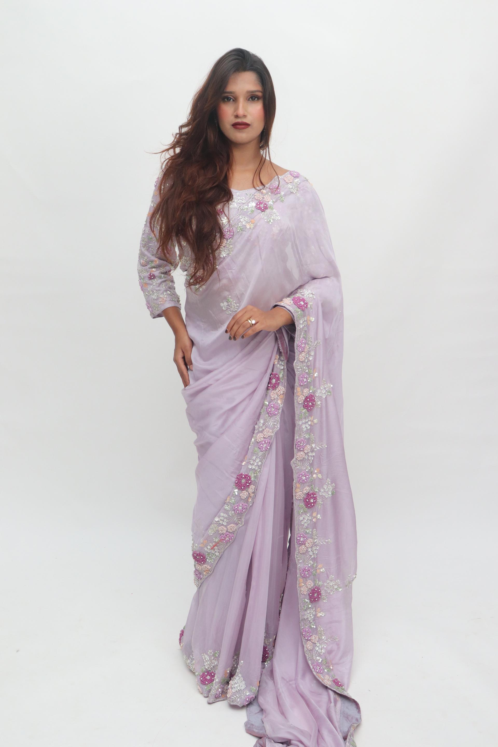 Lilac Floral Border Saree