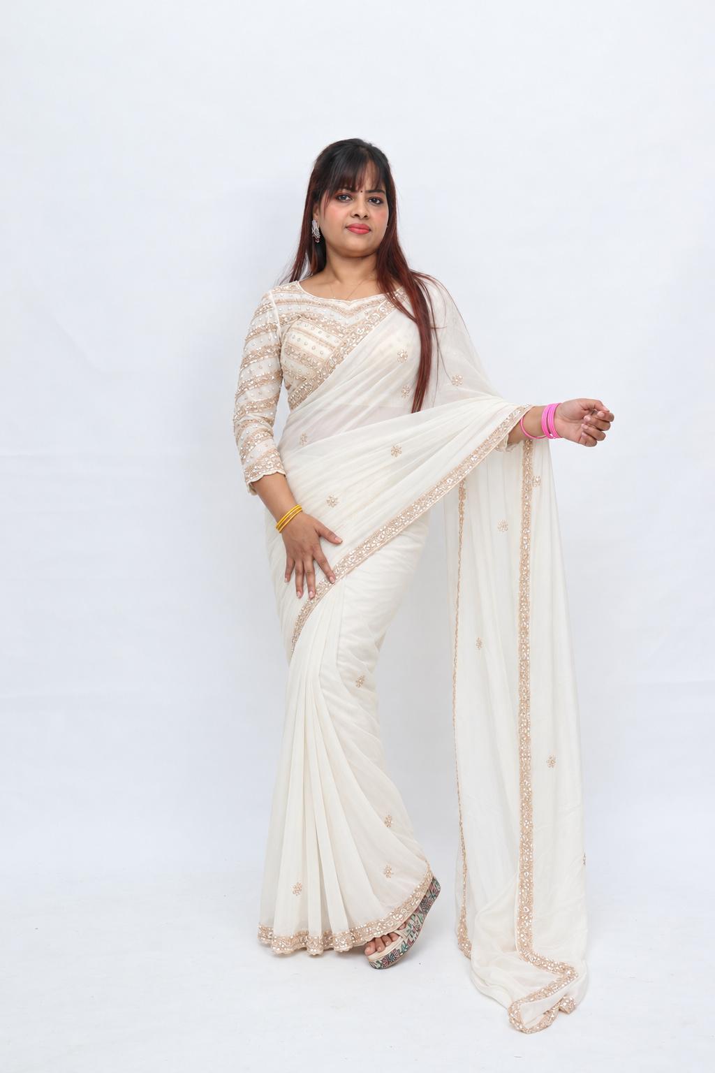 Ivory Gold Border Saree