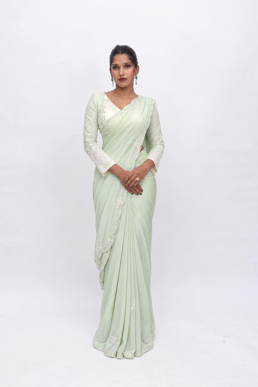 Mint White Blouse Saree