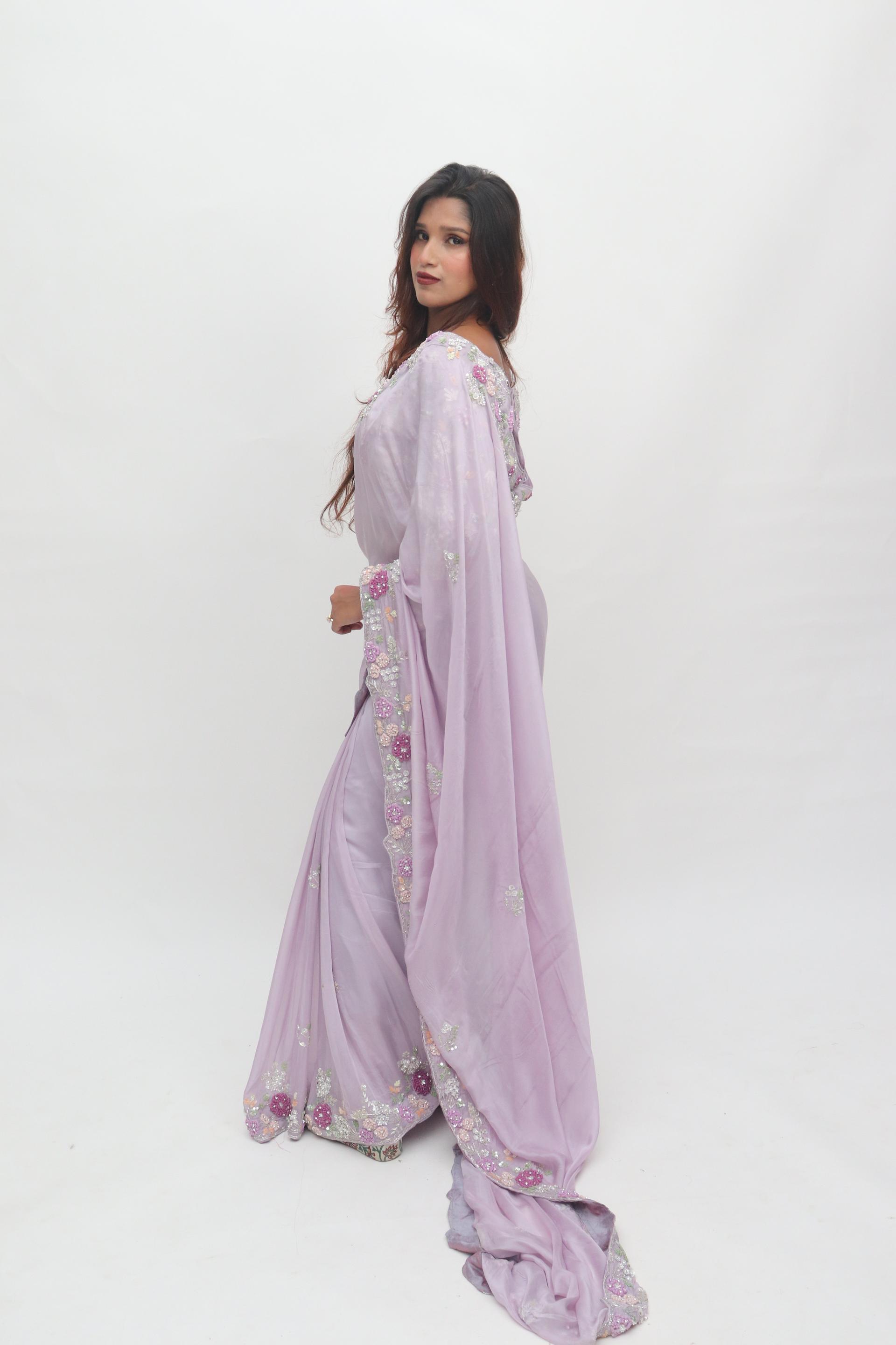 Lilac Floral Border Saree