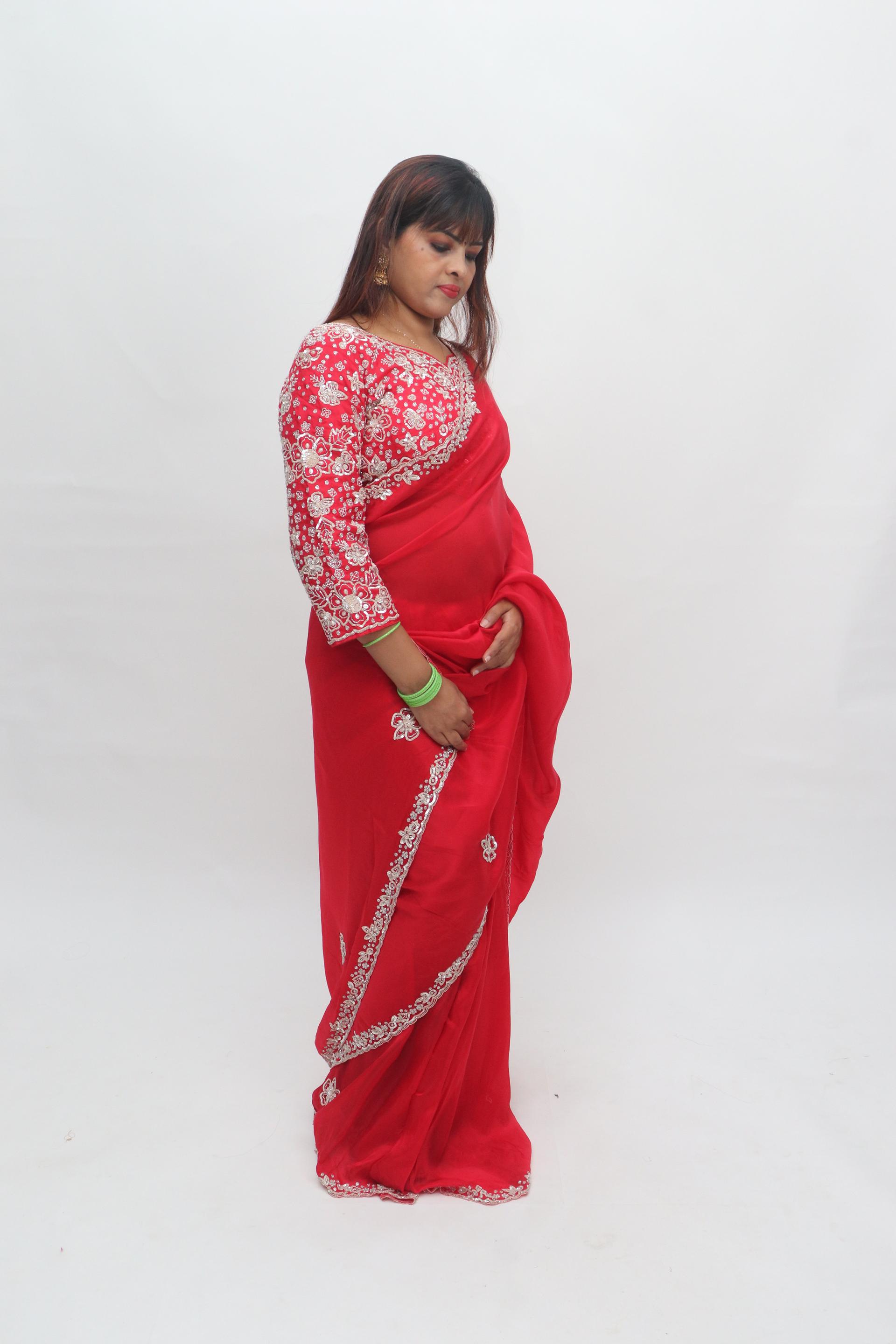 Red Floral Sequin Saree