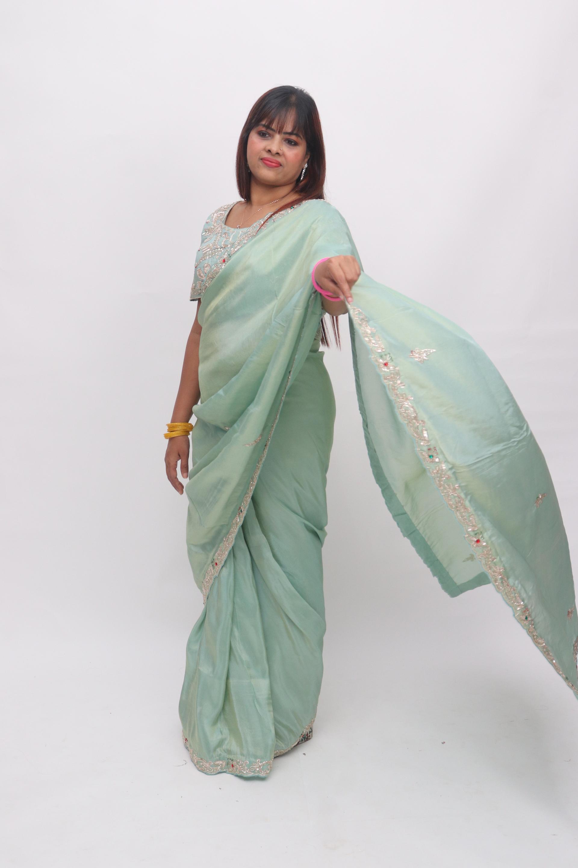 Mint Floral Border Saree