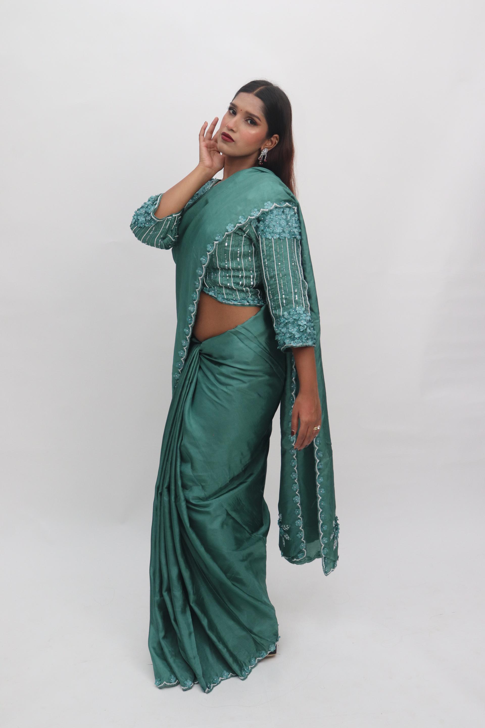 Teal Floral Embellished Saree