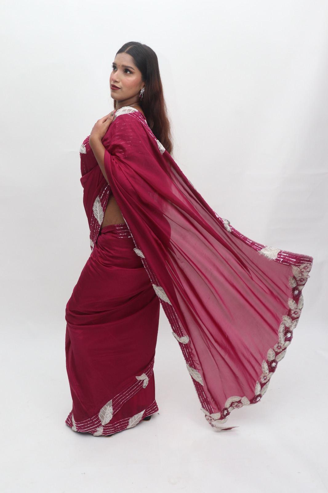 Wine Magenta Floral Applique Designer Saree with Blouse