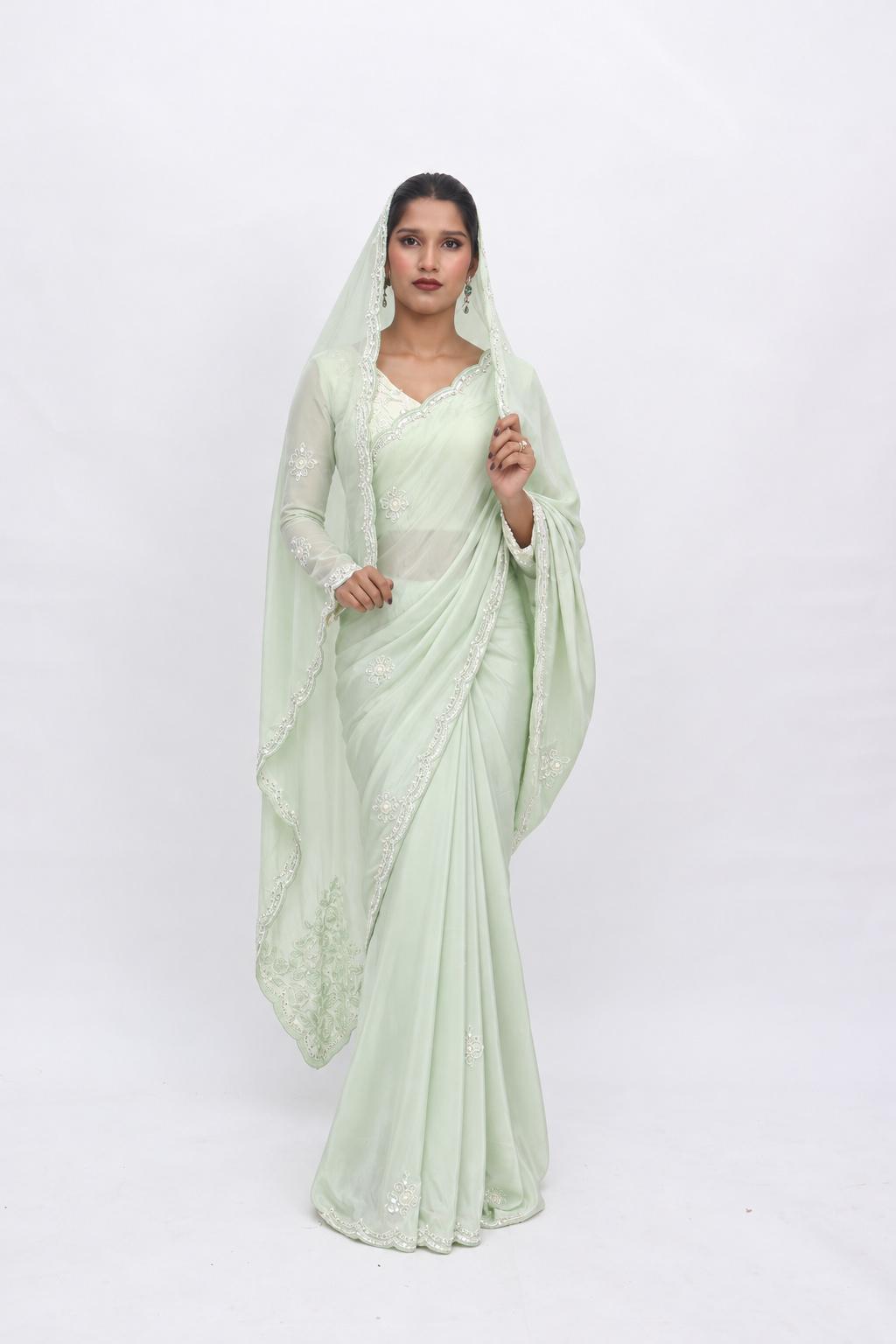 Mint White Blouse Saree