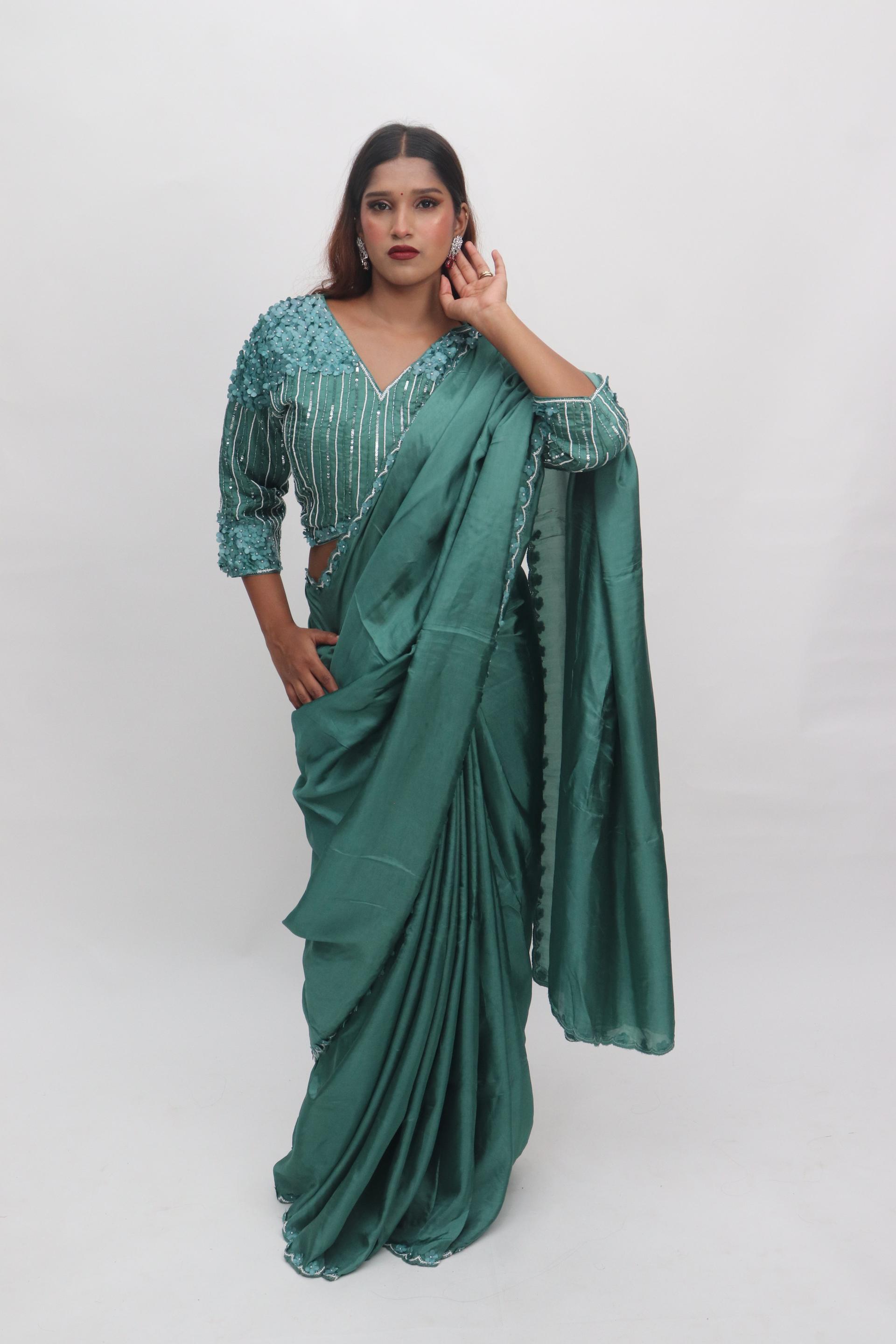 Teal Floral Embellished Saree