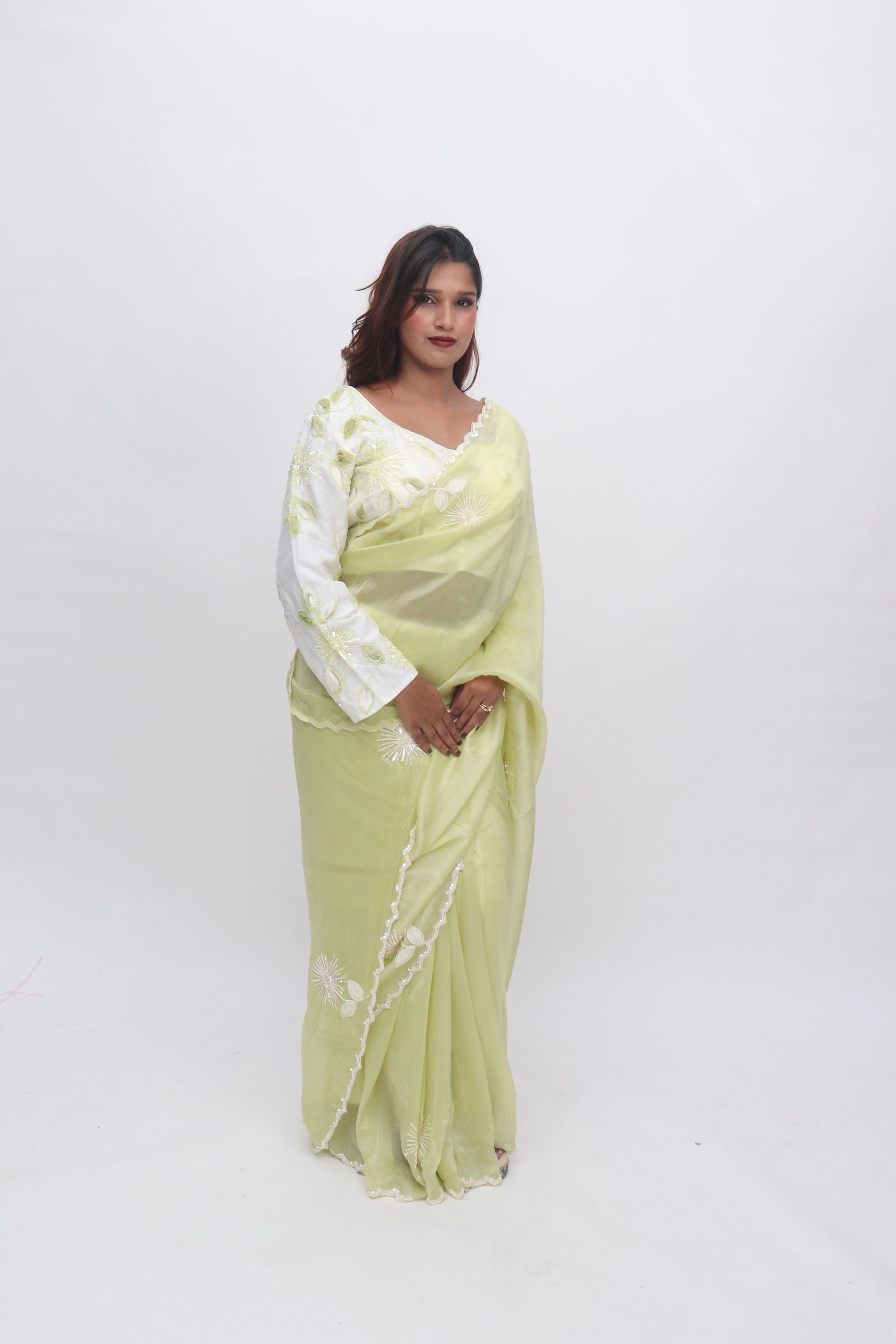 Lime Floral Embroidered Saree