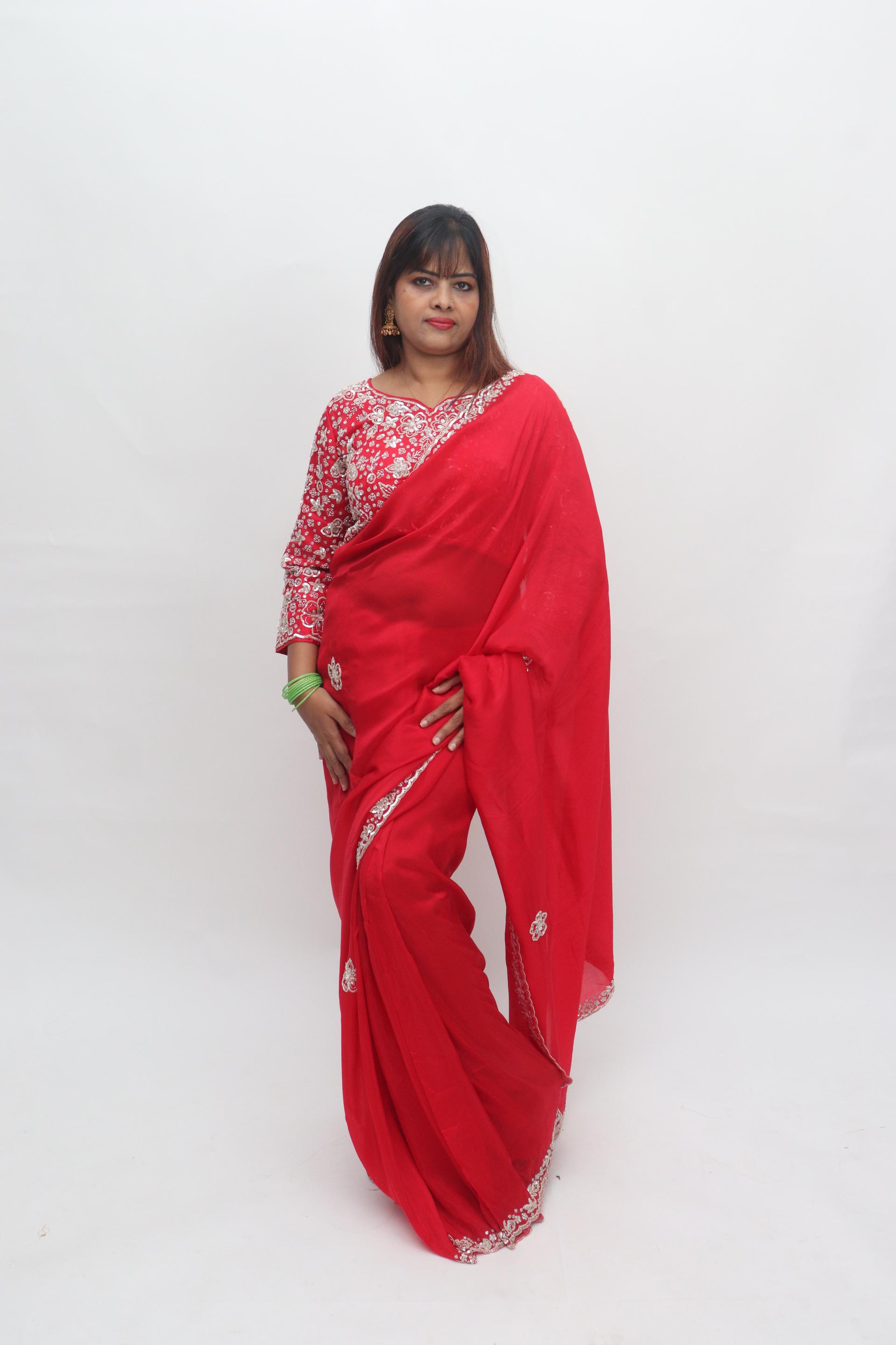 Red Floral Sequin Saree