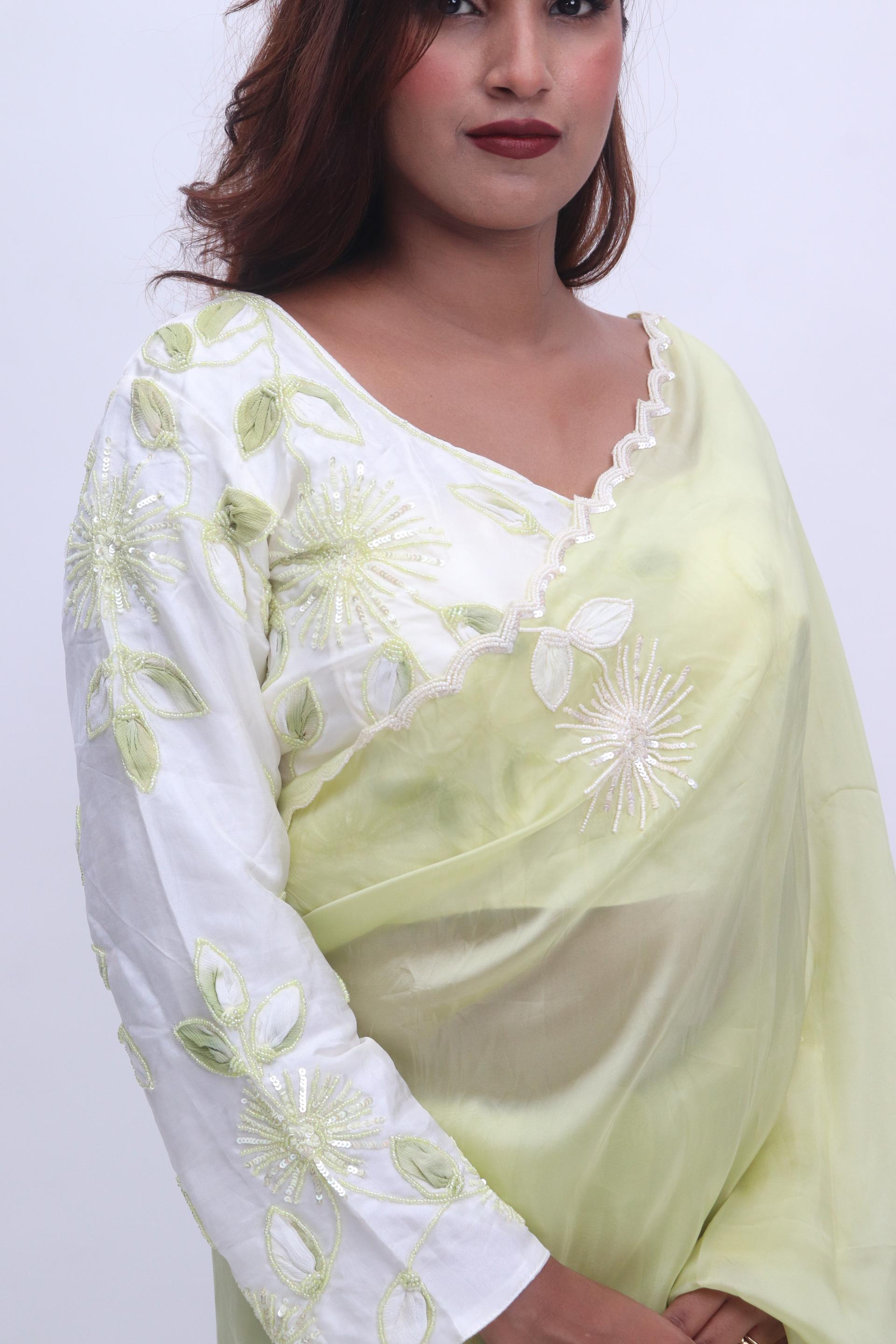 Lime Floral Embroidered Saree