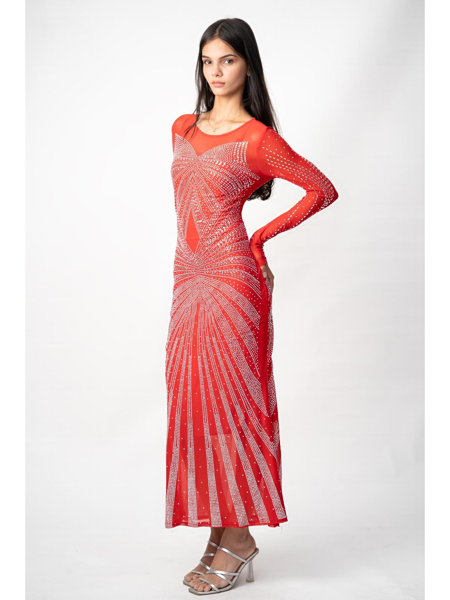 Red Embellished Mesh Maxi Dress