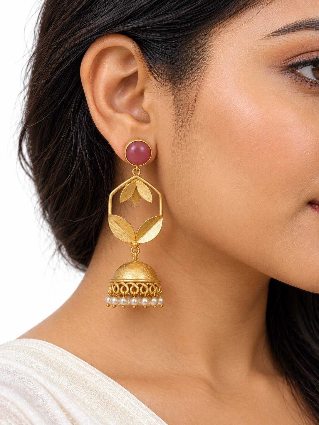 Pink Leaf Jhumka Earrings