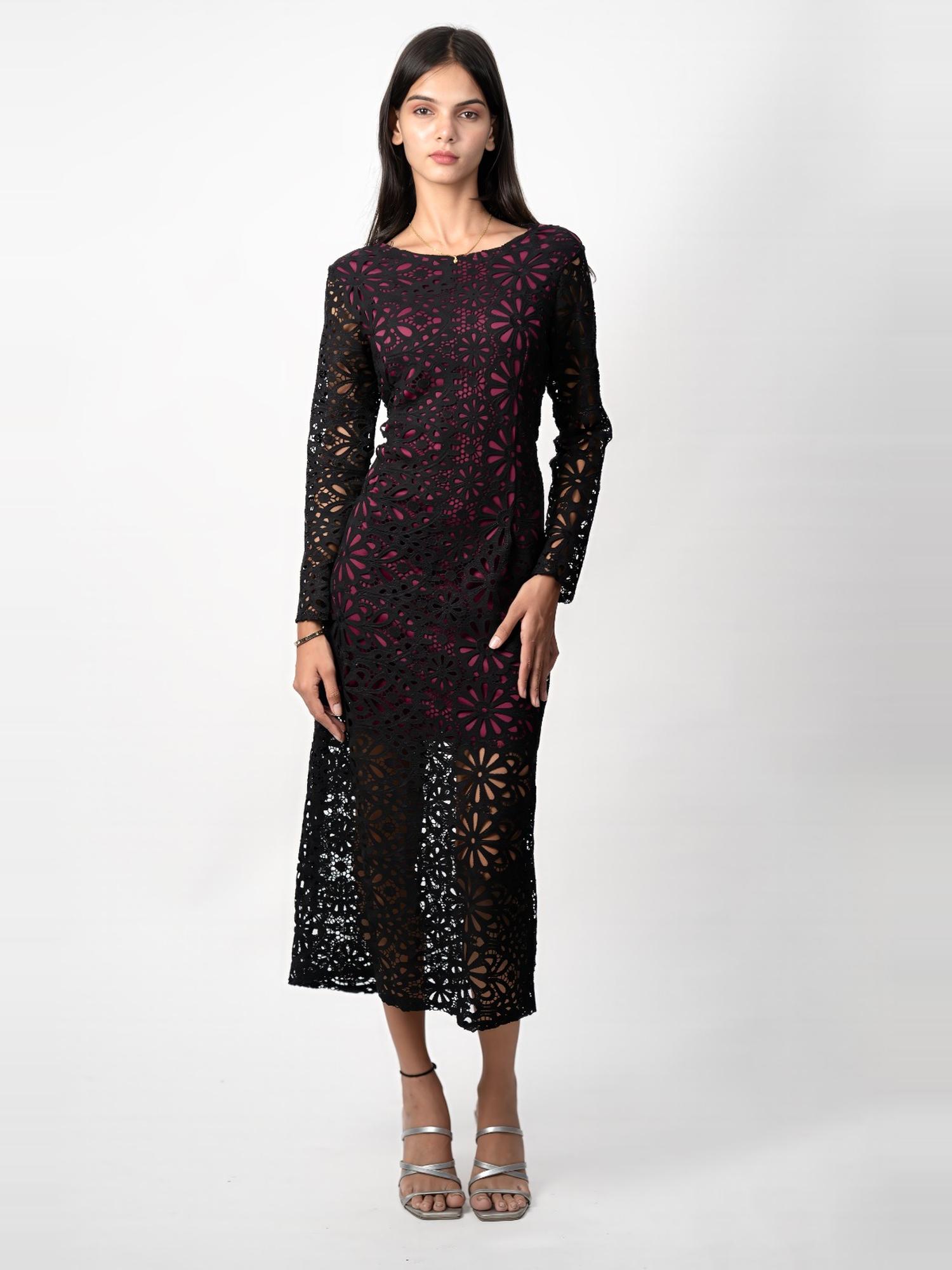Black Floral Lace Midi Dress