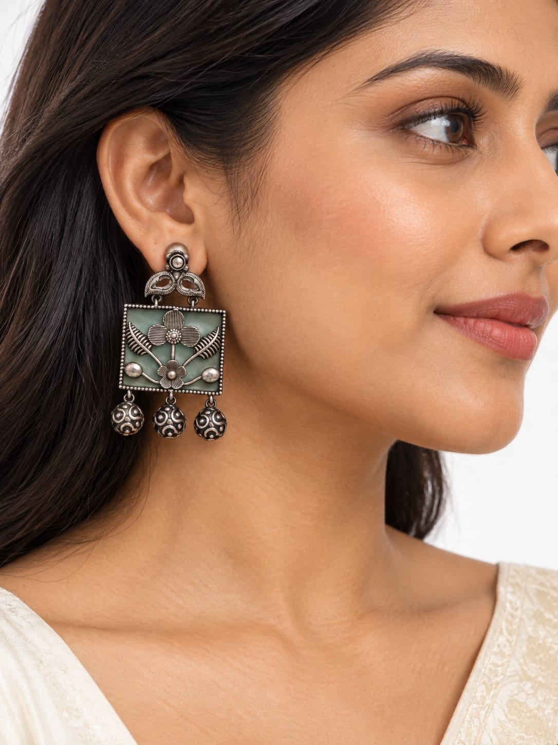 Mint Floral Square Earrings