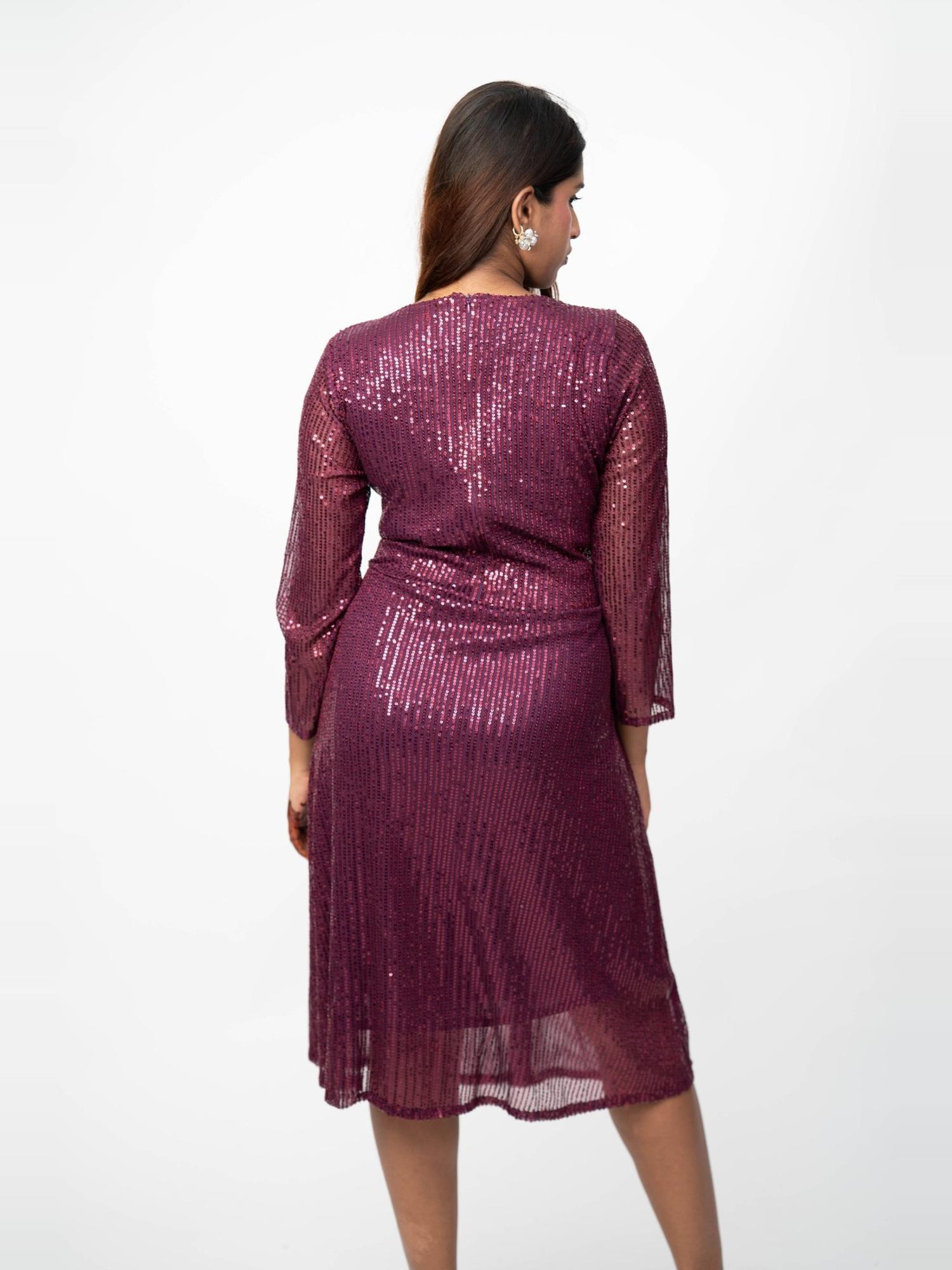 Plum Sequin Draped Midi Dress