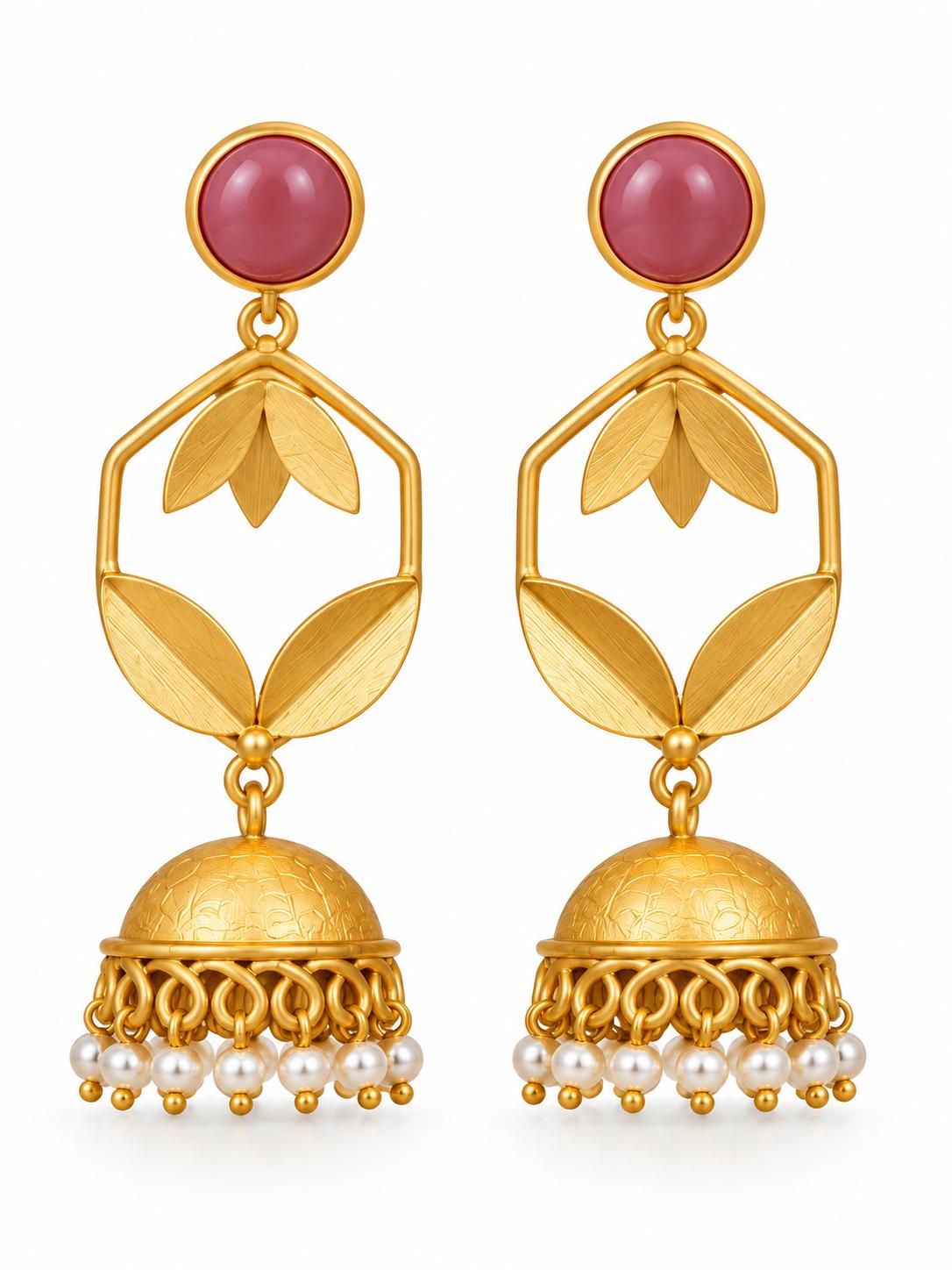 Pink Leaf Jhumka Earrings
