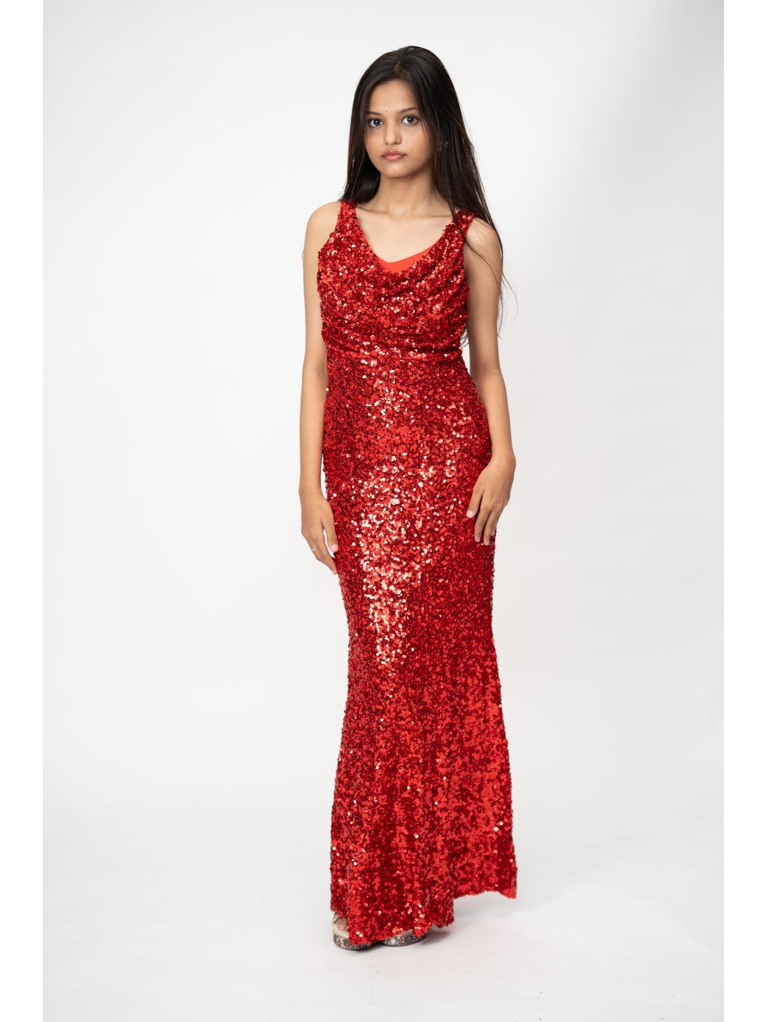 Red Sequin Cowl Neck Gown