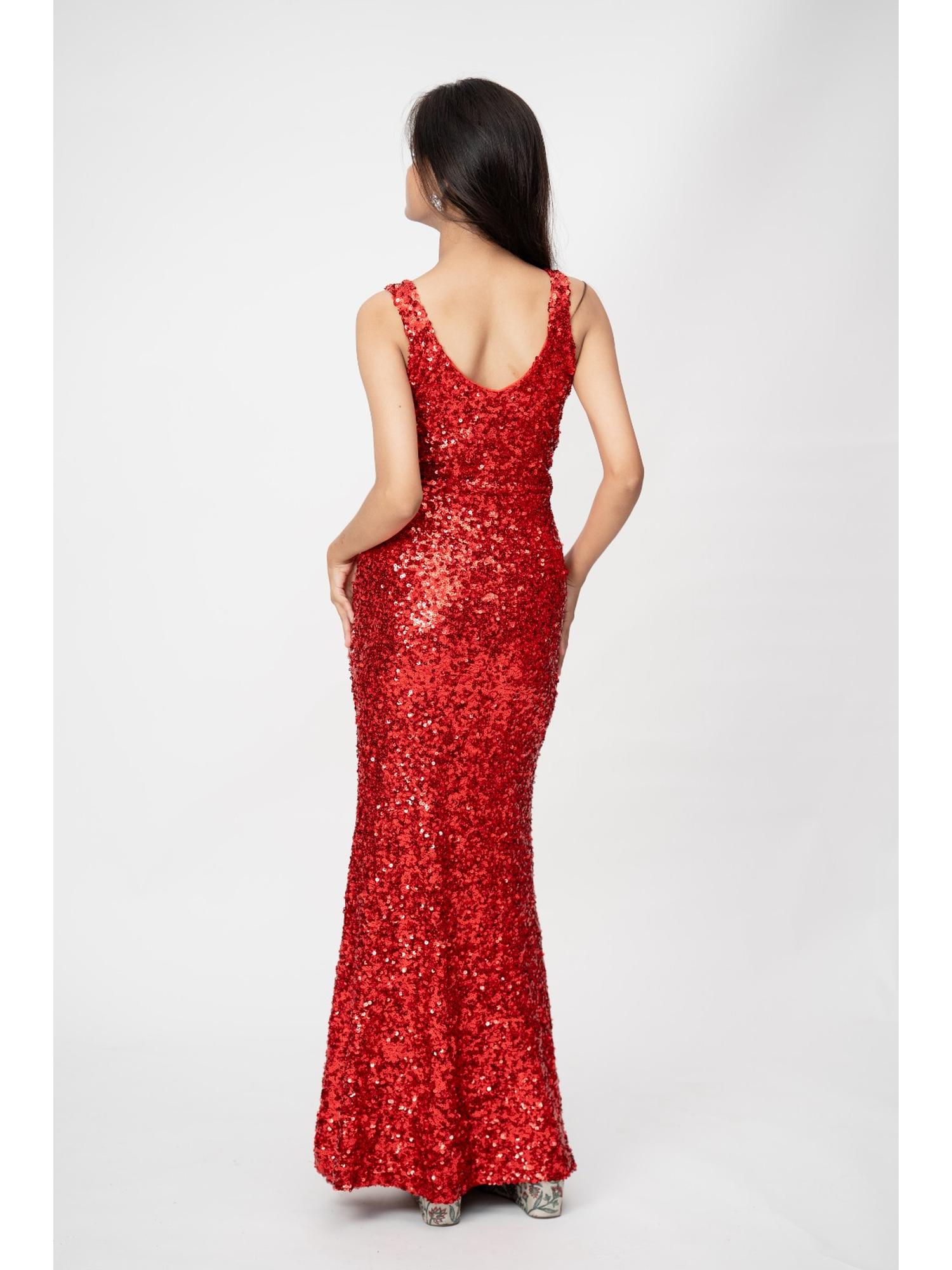 Red Sequin Cowl Neck Gown