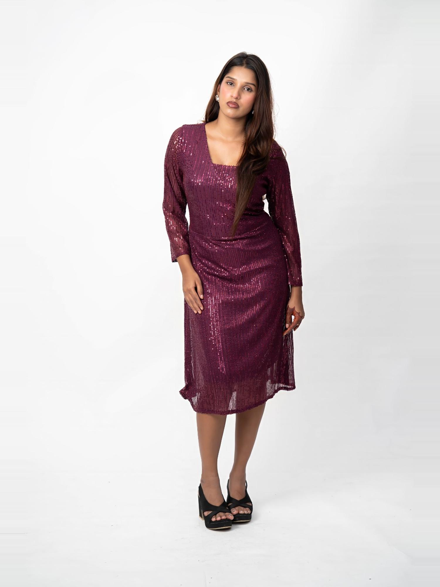 Plum Sequin Draped Midi Dress