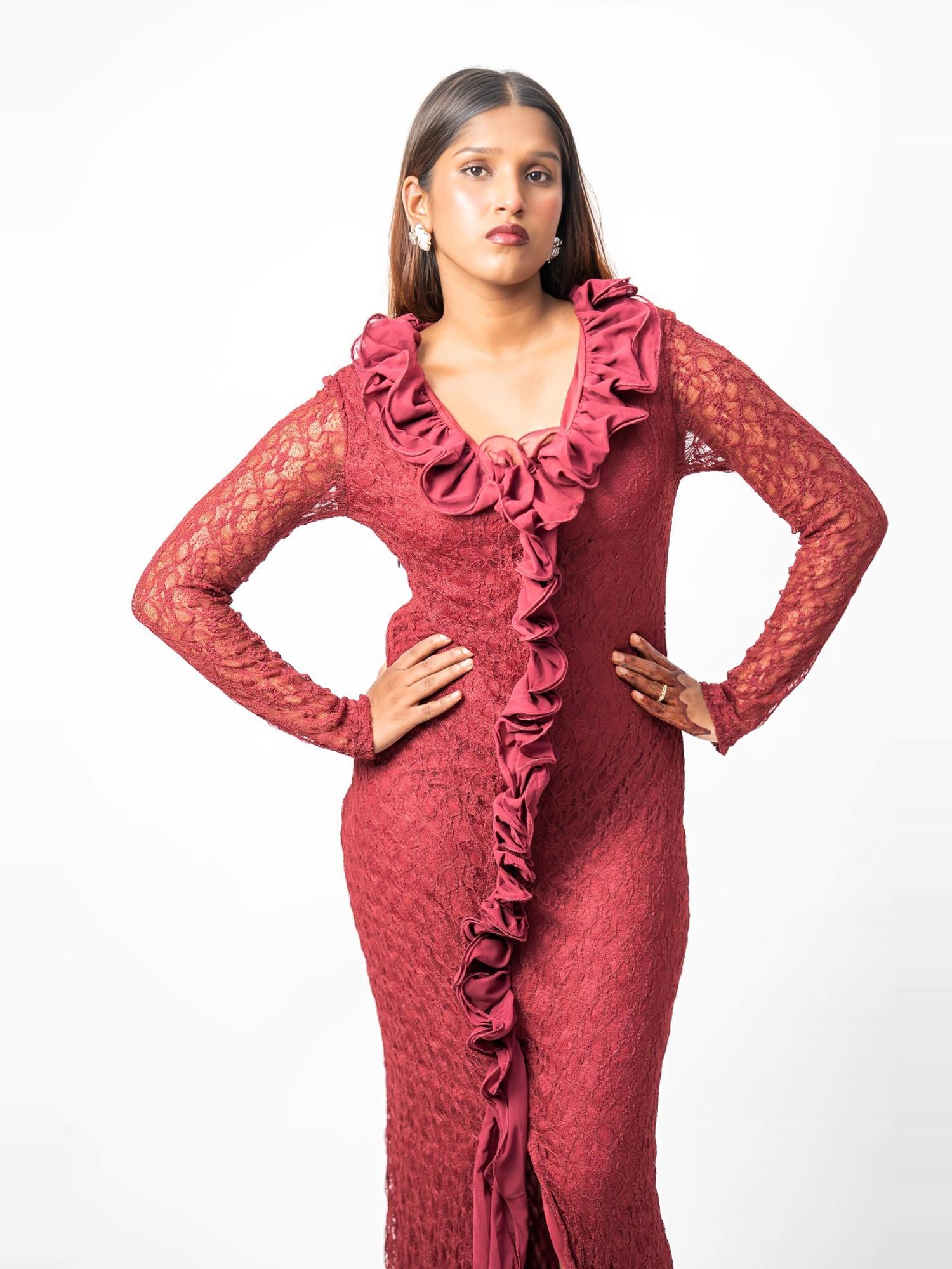 Burgundy Ruffle Lace Maxi Dress