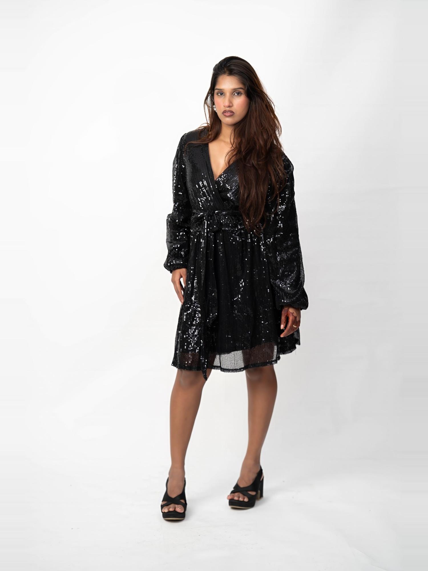 Black Sequin Wrap Mini Dress