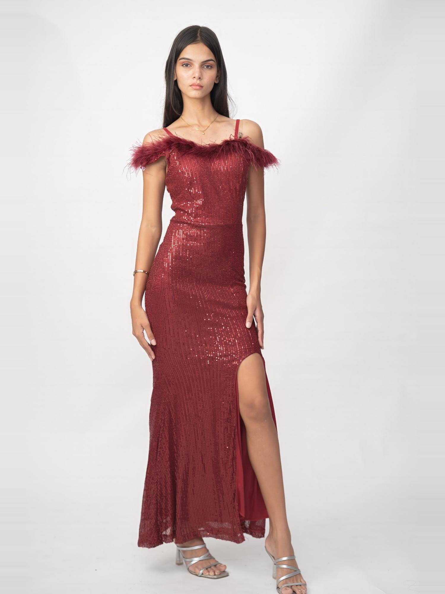 Burgundy Sequin Feather Gown