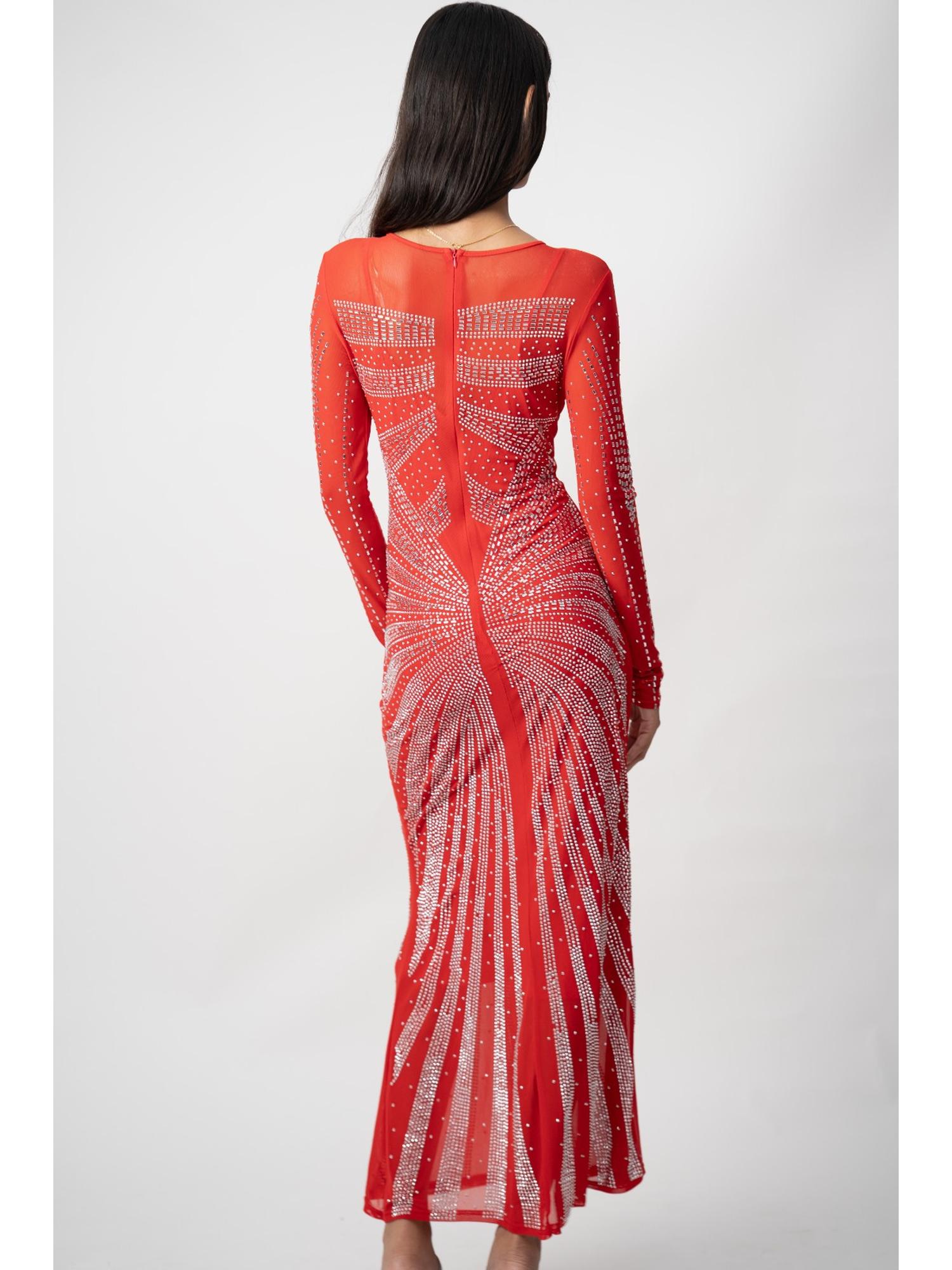 Red Embellished Mesh Maxi Dress