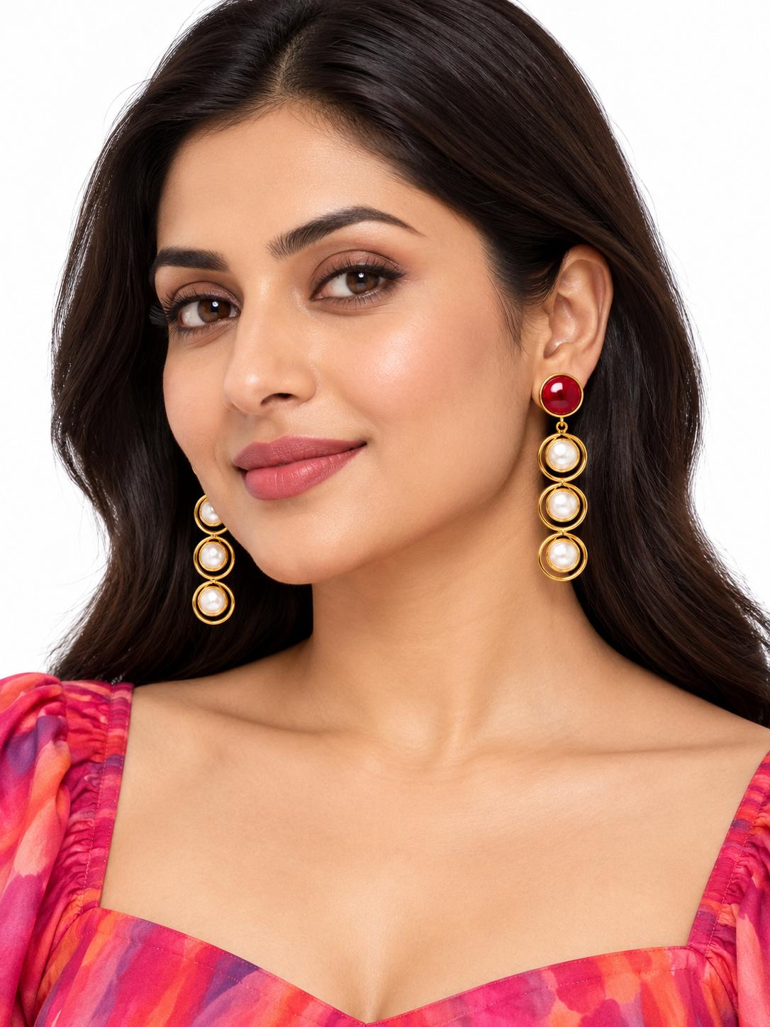 Red Triple Pearl Earrings