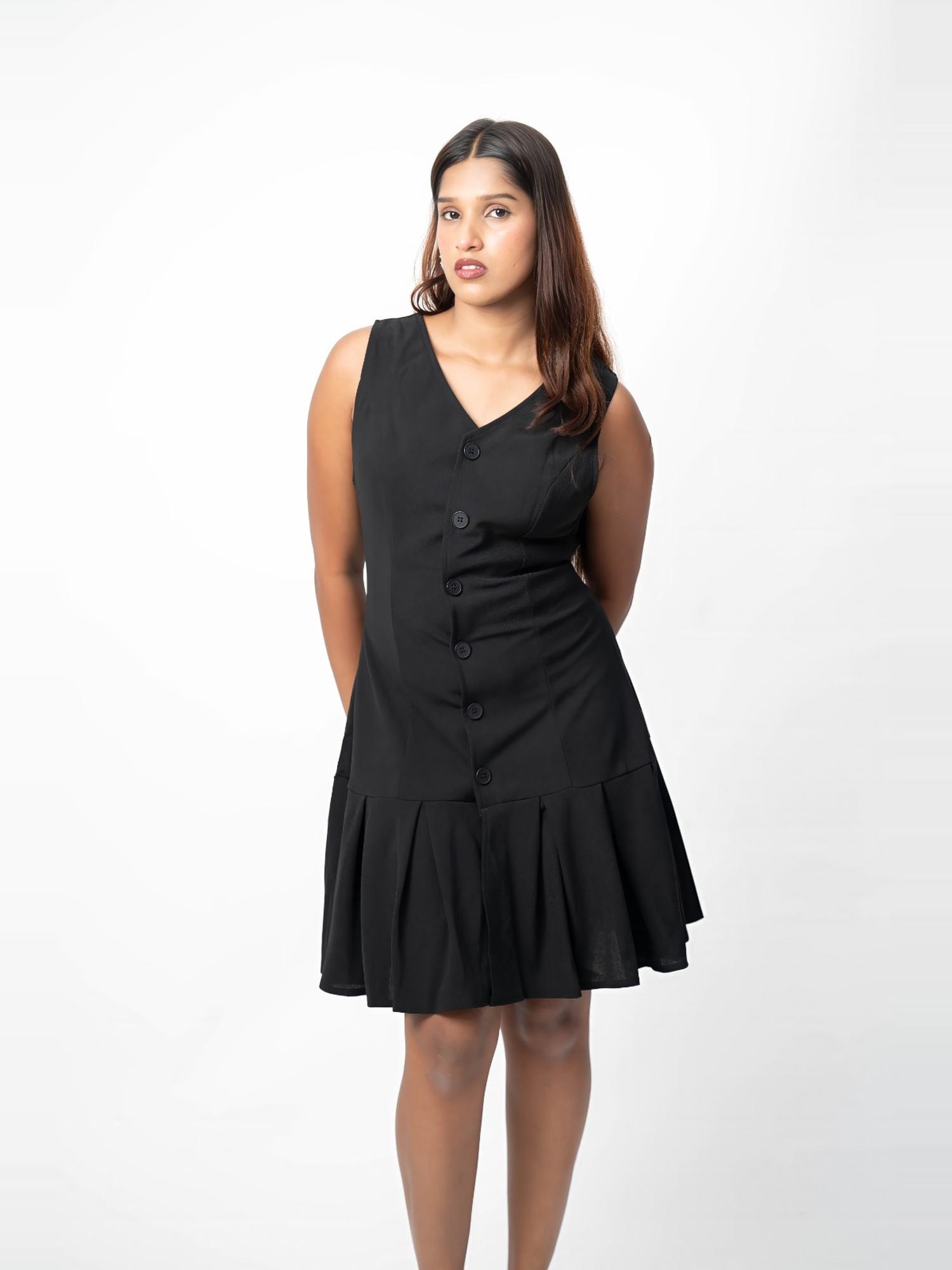 Black Button Front Flared Dress