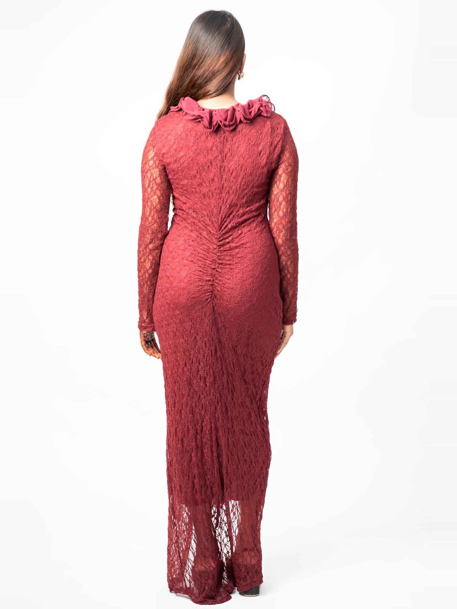 Burgundy Ruffle Lace Maxi Dress