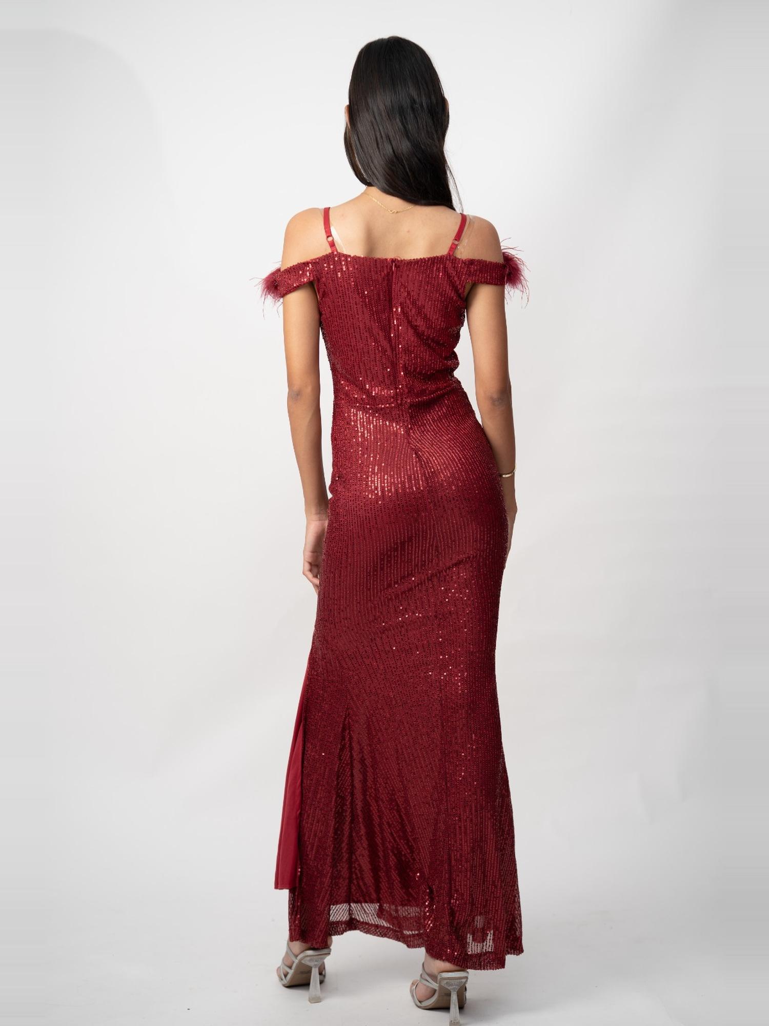 Burgundy Sequin Feather Gown