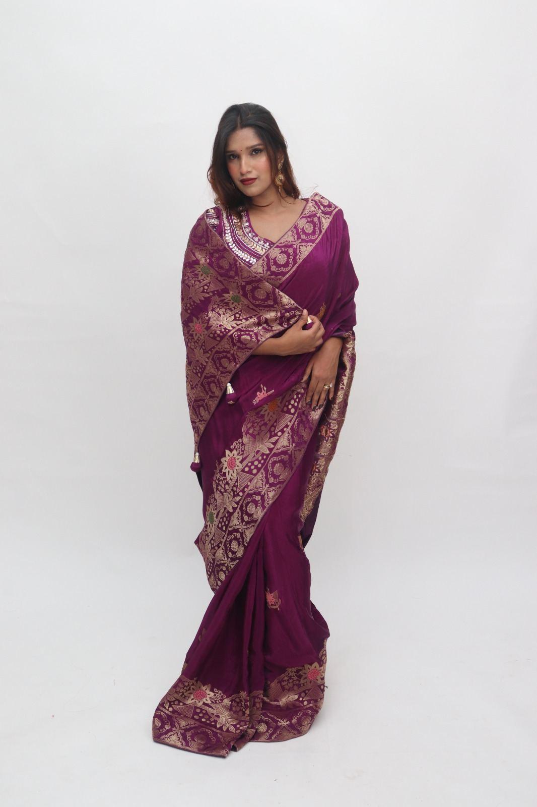 Deep Purple Gold Embroidered Designer Saree with Blouse